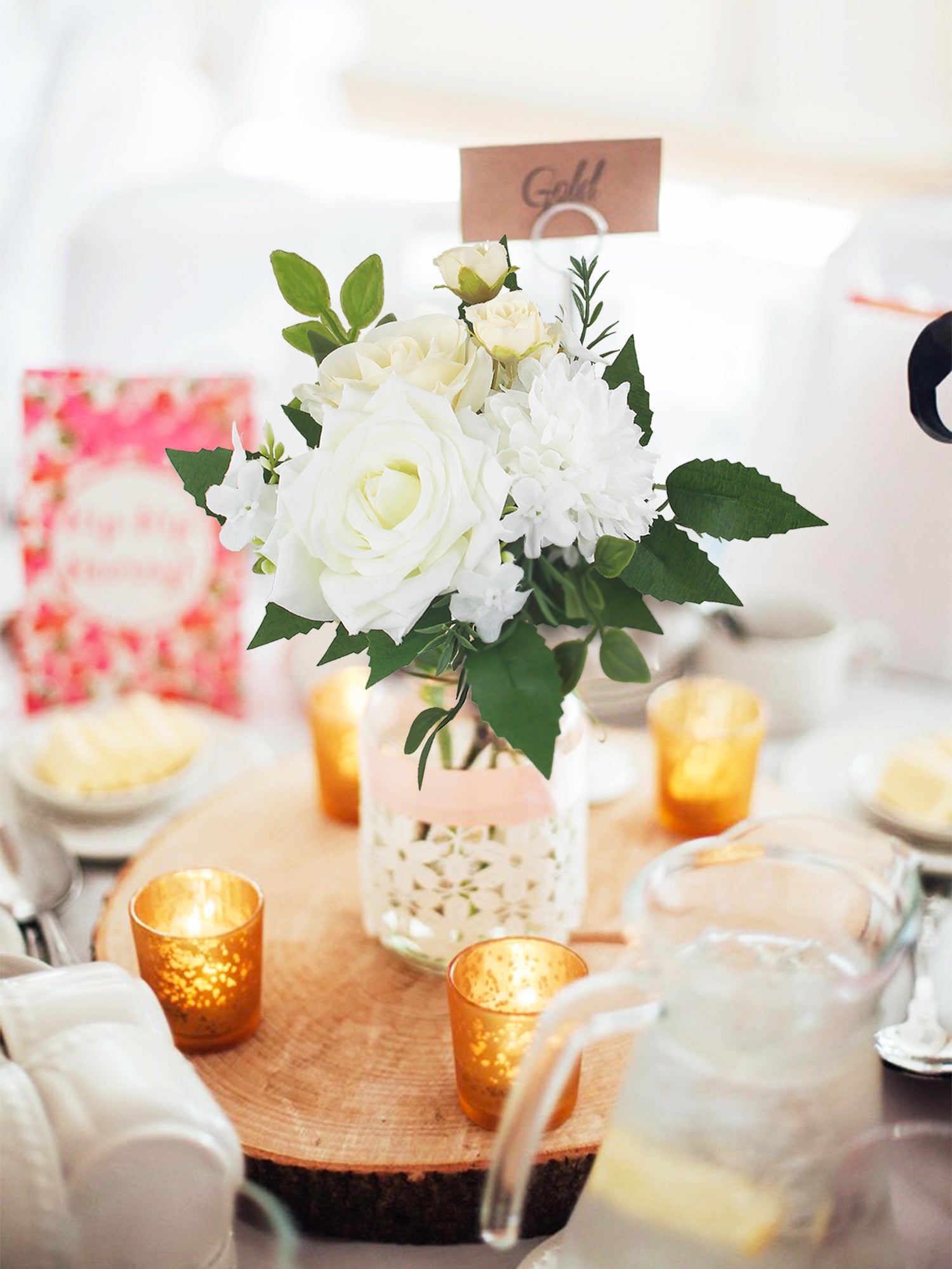 6 pièces assorties de centres de table à fleurs blanches et vertes