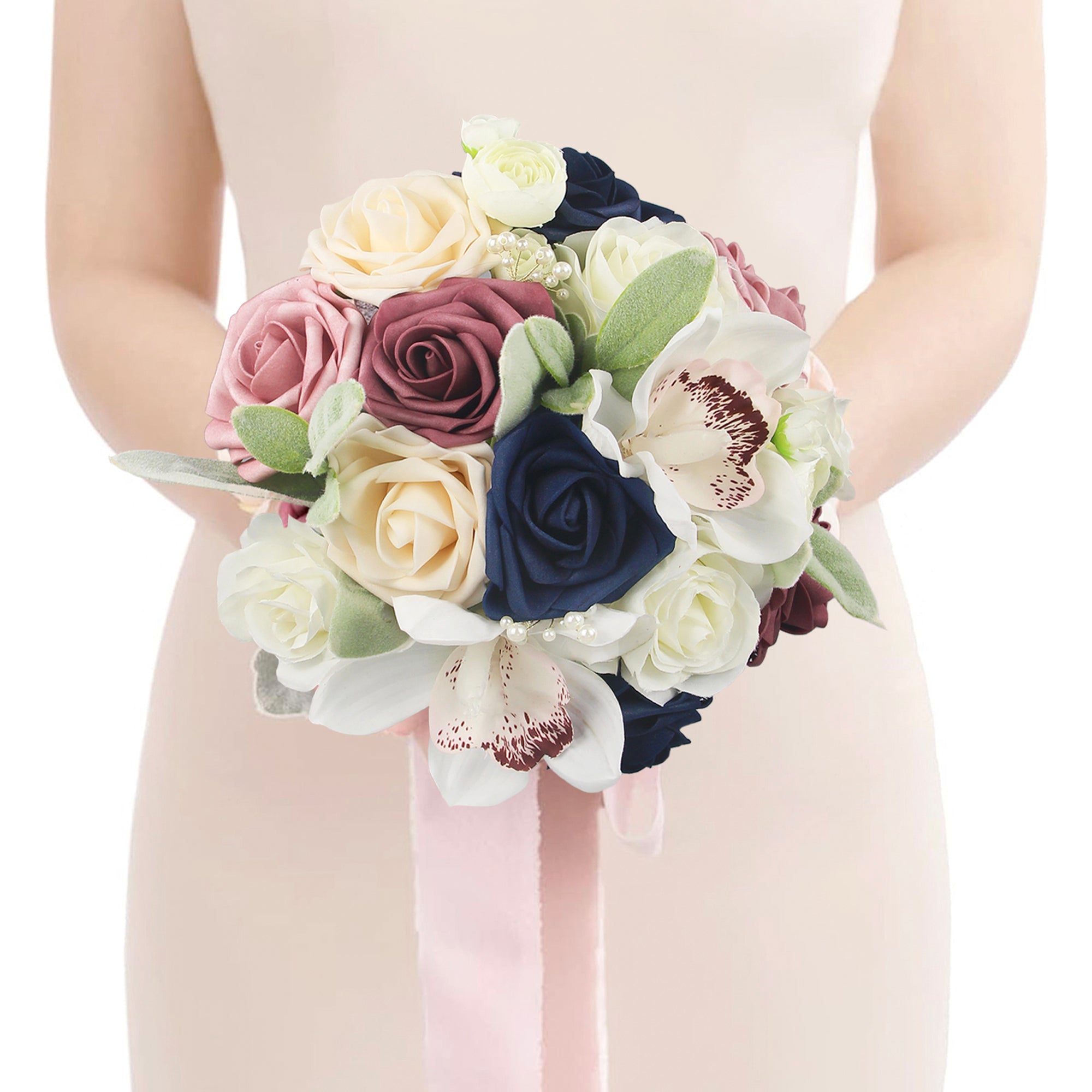 7.8 inch wide Dusty Rose & Navy Blue Bridesmaid Bouquet