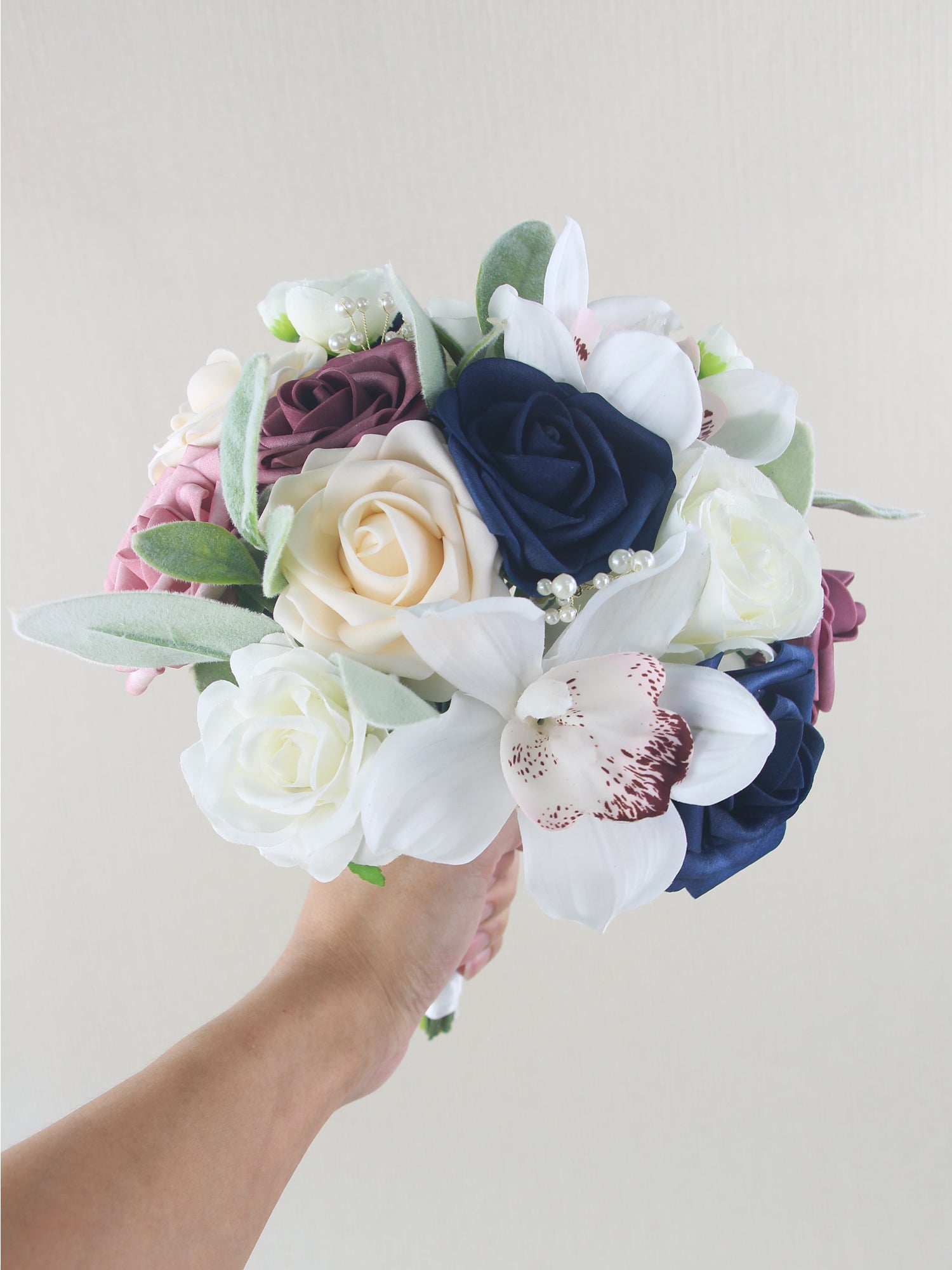 Bouquet da damigella d'onore rosa polveroso e blu navy largo 7,8 pollici