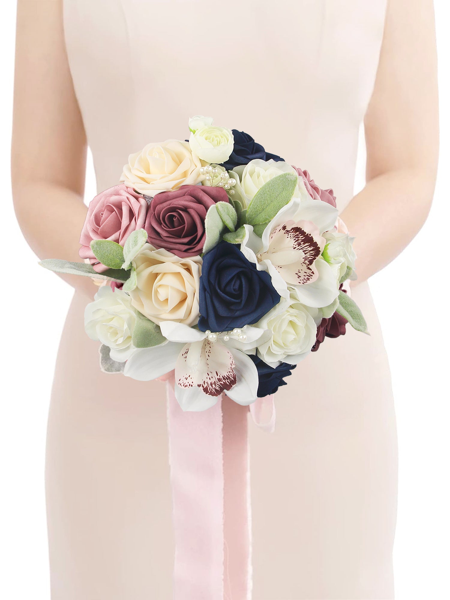 Bouquet da damigella d'onore rosa polveroso e blu navy largo 7,8 pollici