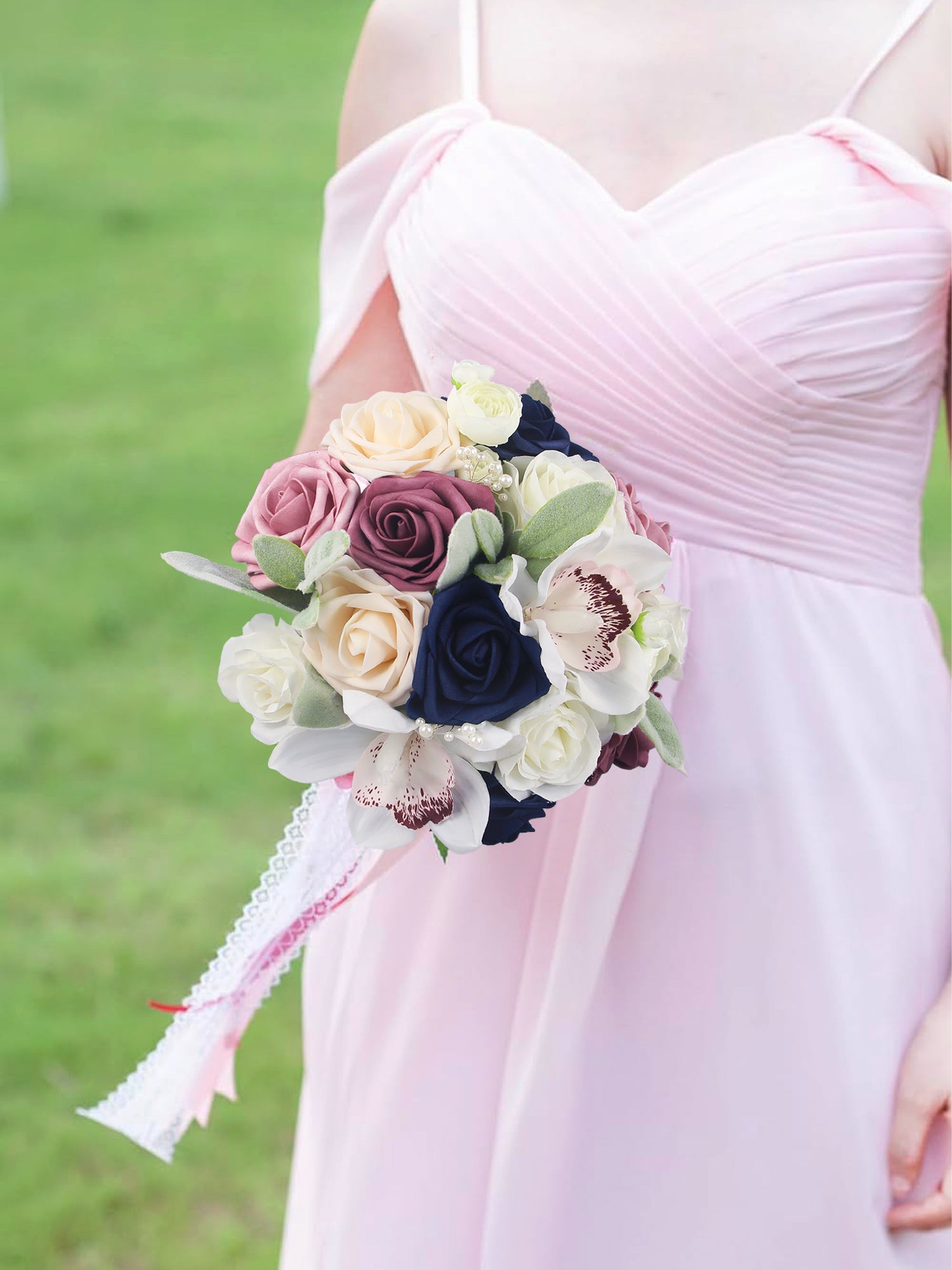 7.8 inch wide Dusty Rose & Navy Blue Bridesmaid Bouquet