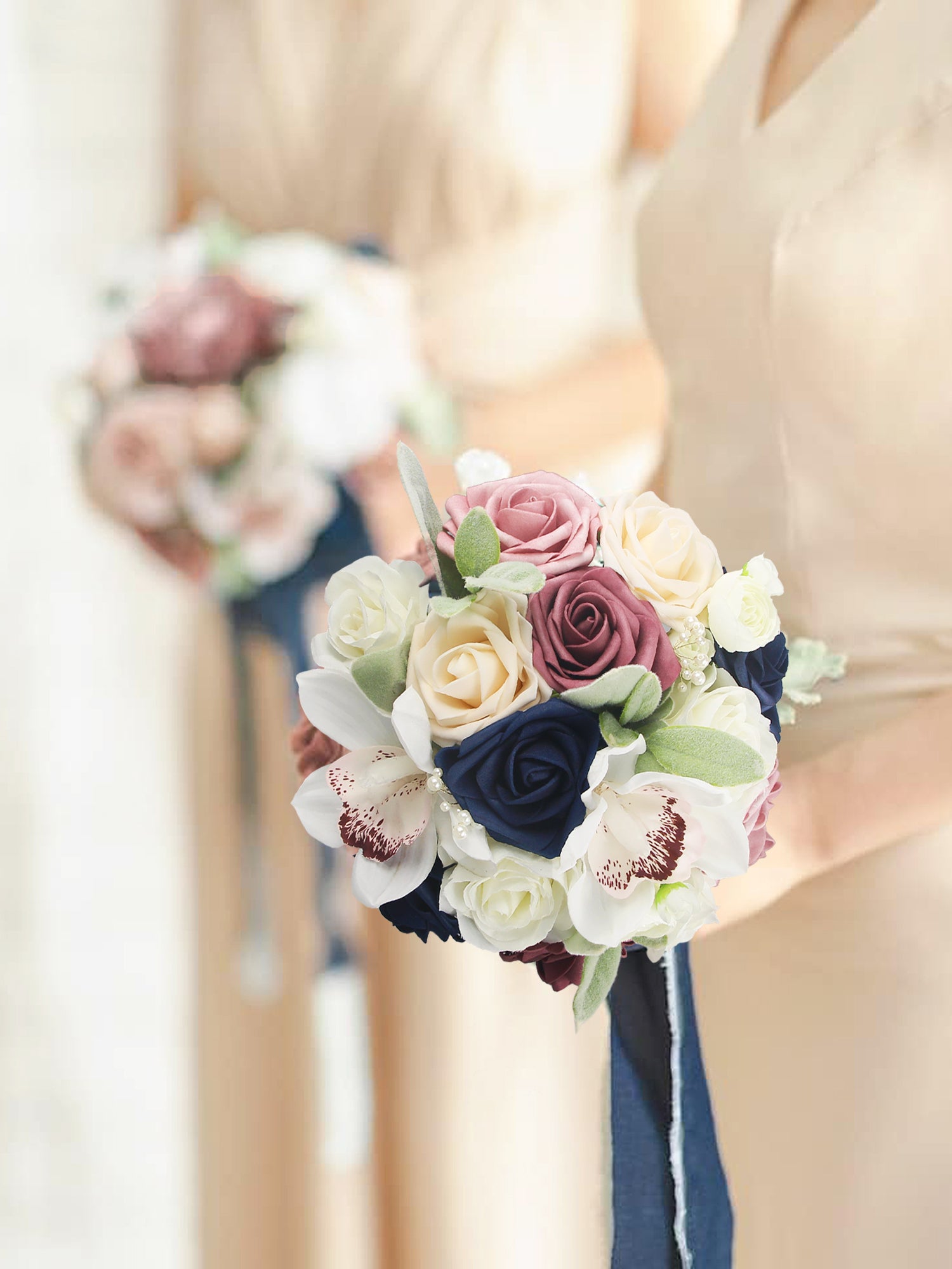 7.8 inch wide Dusty Rose & Navy Blue Bridesmaid Bouquet