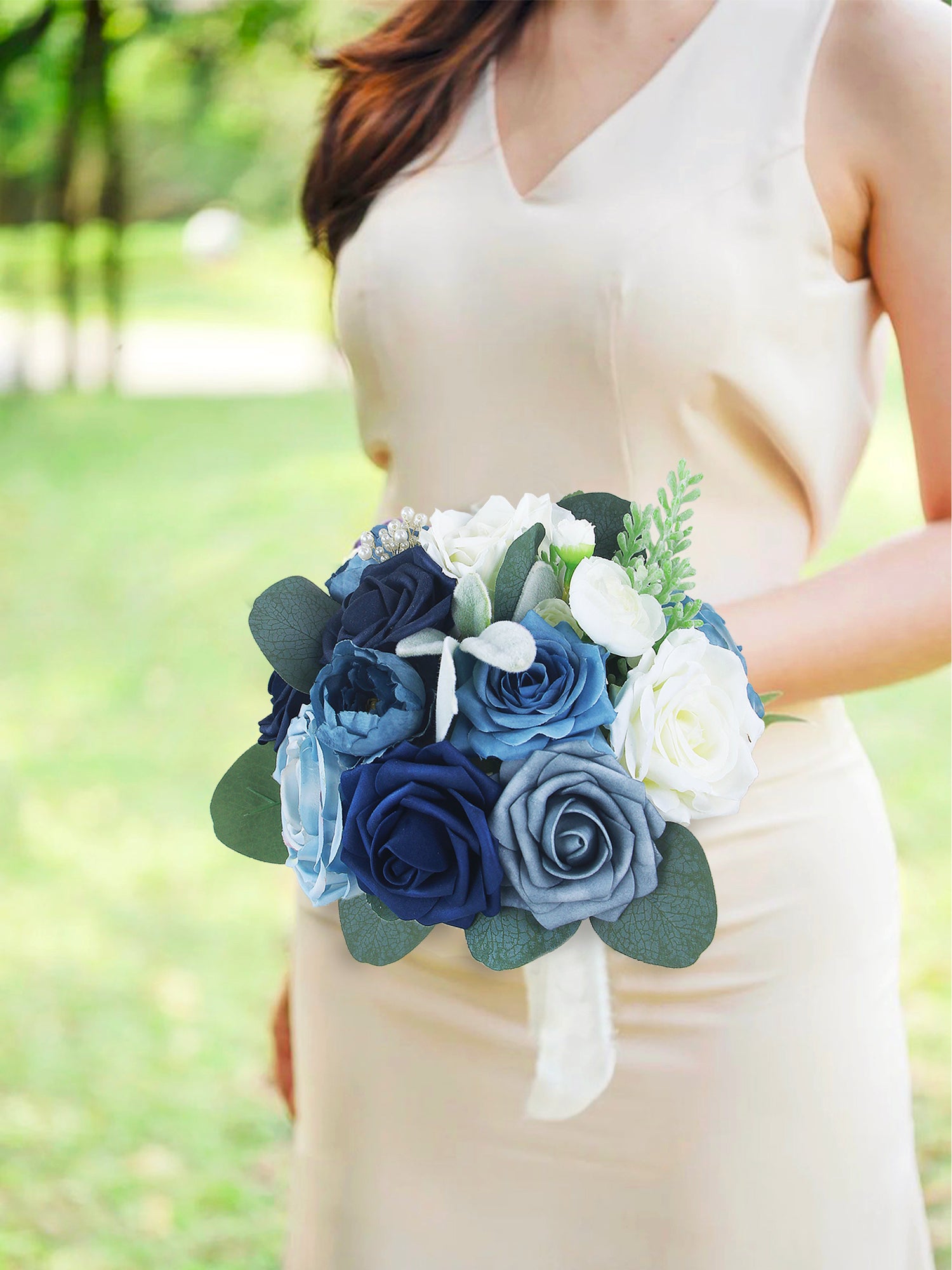 Bouquet da damigella d'onore blu navy largo 7,8 pollici