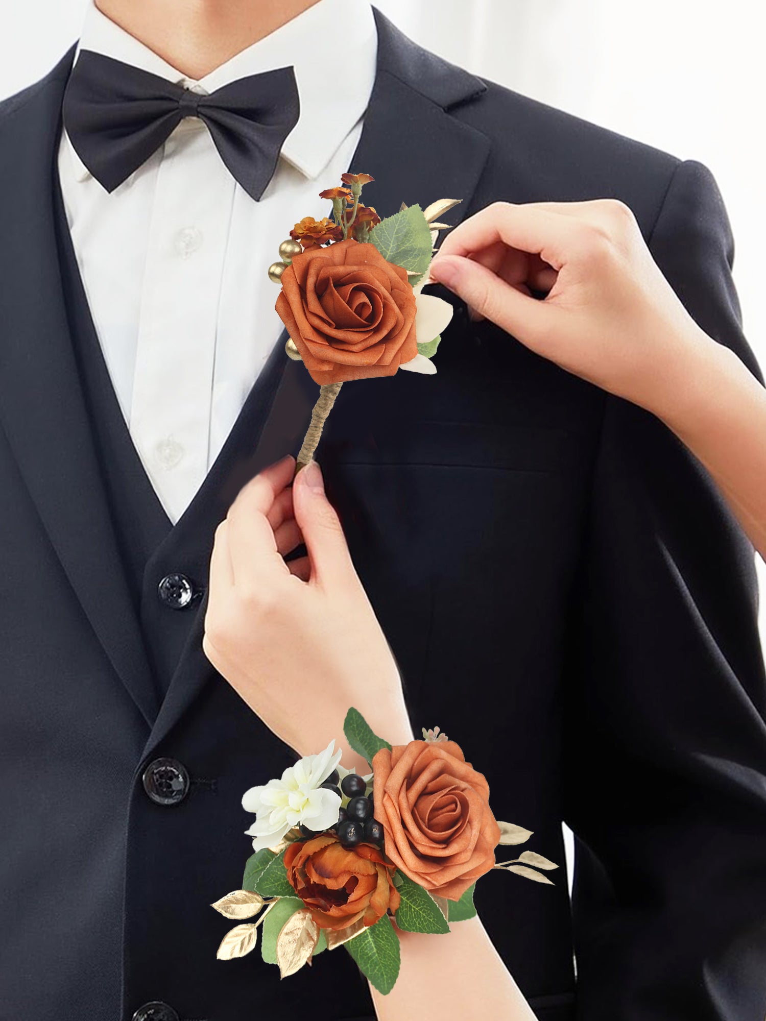 Ensemble Corsage et Boutonnière Orange Brûlé