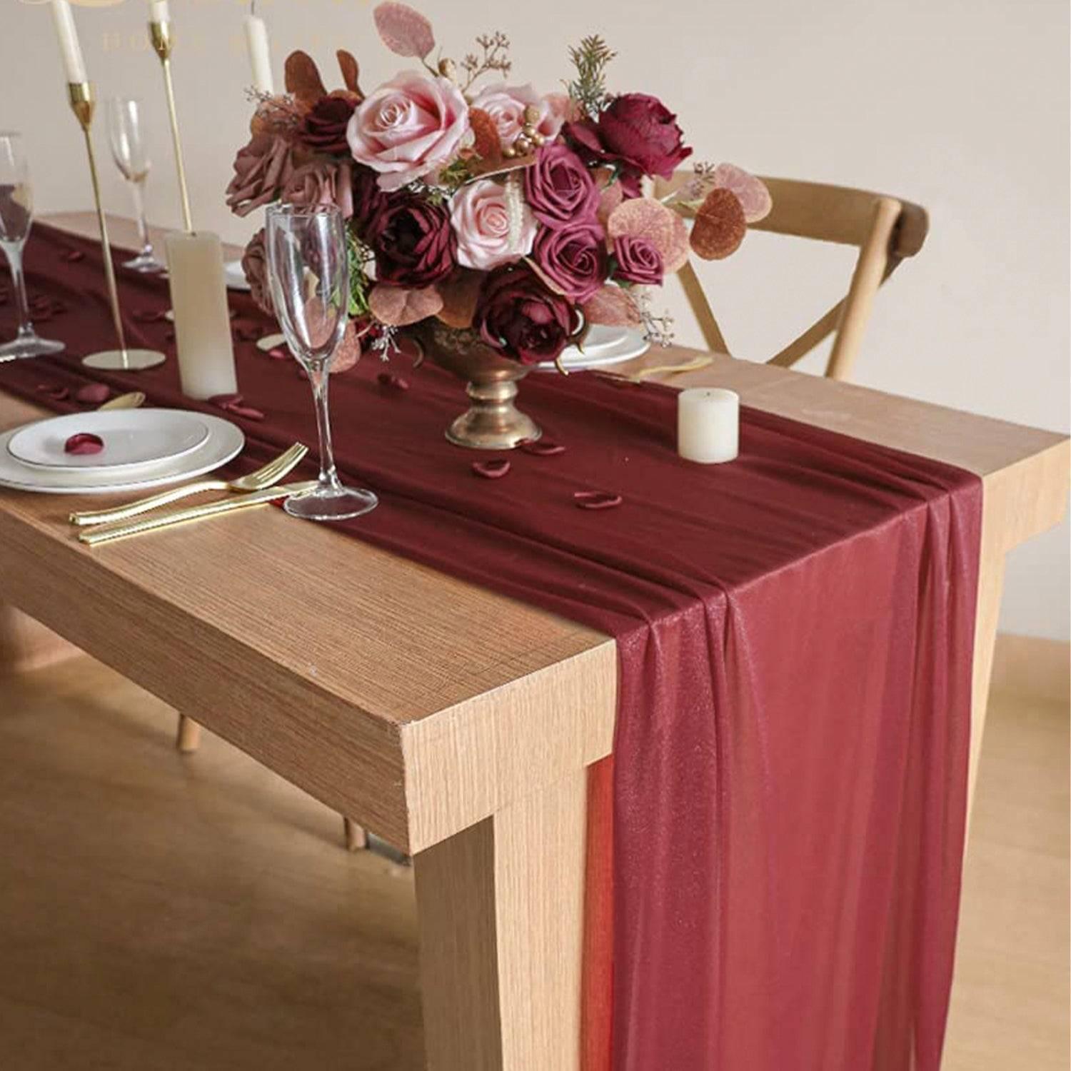 9.8Ft Burgundy Sheer Chiffon Table Runner - Rinlong Flower