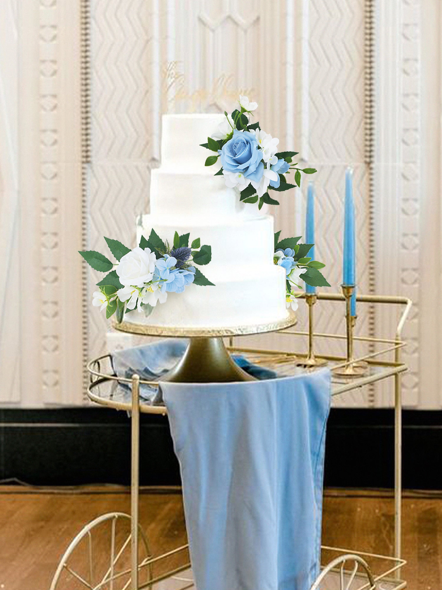 3Pcs White & Blue Cake Topper Flowers Set