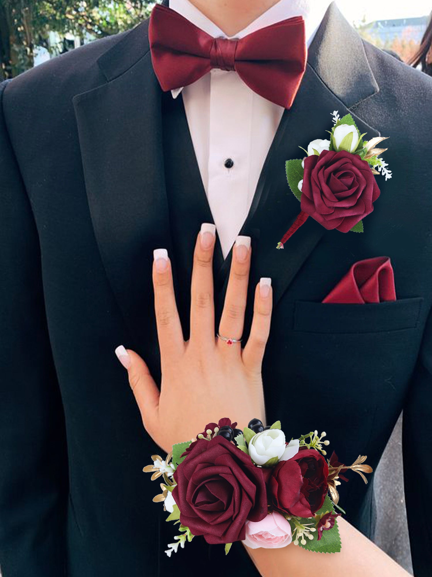 Corsage and Boutonniere Set Burgundy