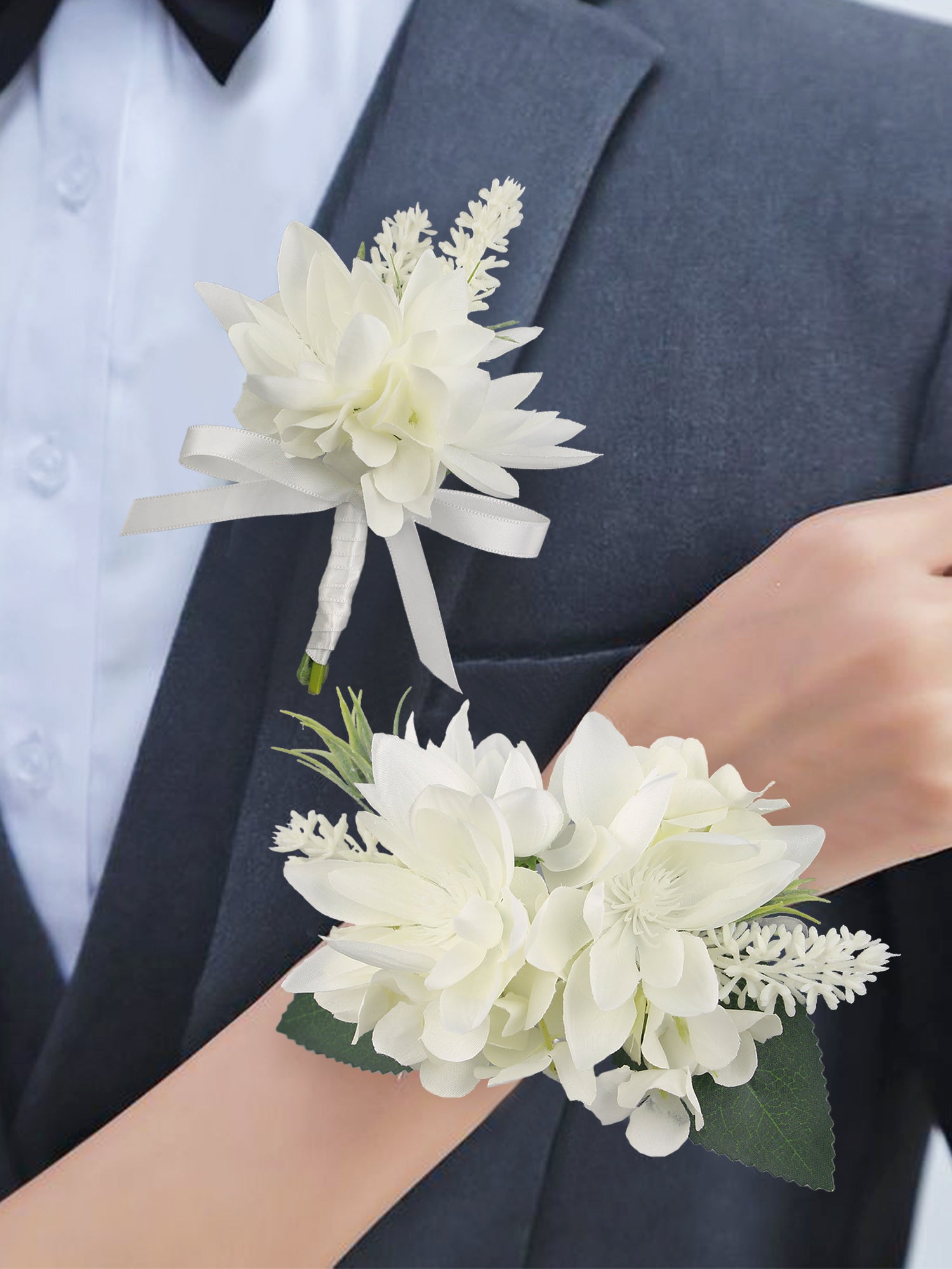 Corsage and Boutonniere Set White Orchid Cacti