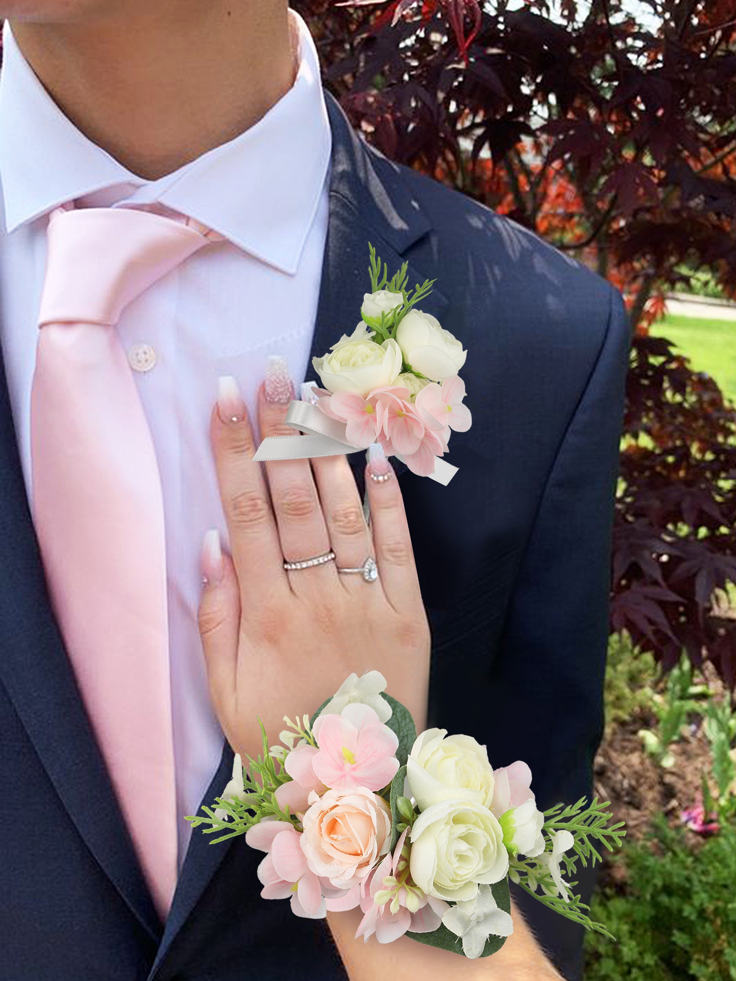 Conjunto Ramillete y Boutonniere Hortensia Rosa & Rosa