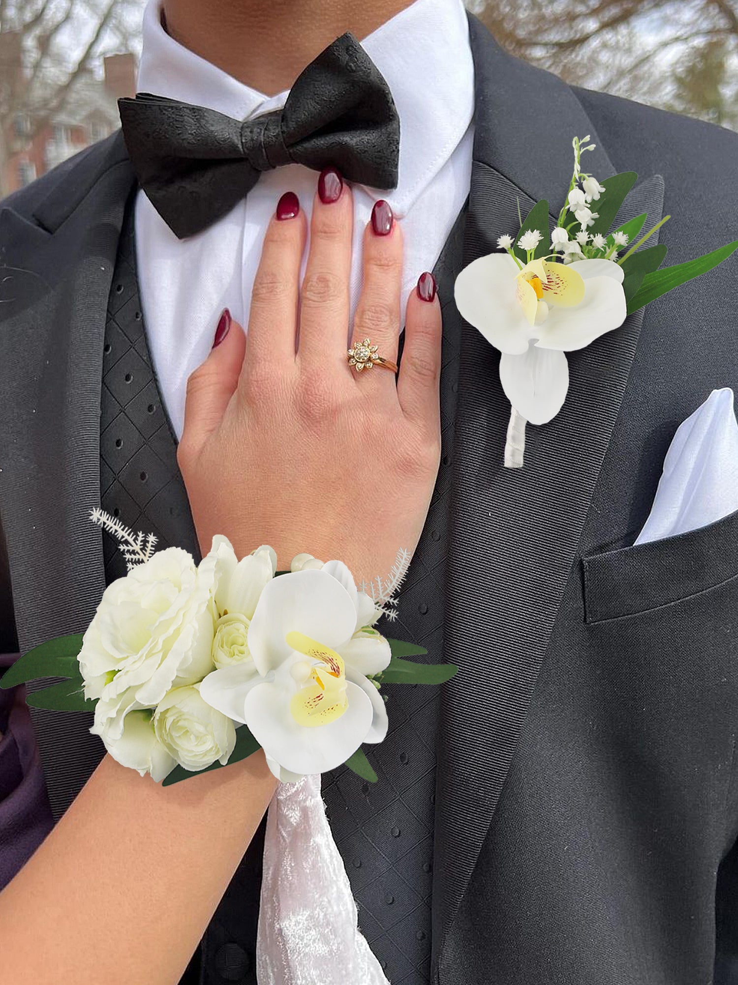 Corsage and Boutonniere Set White Orchid