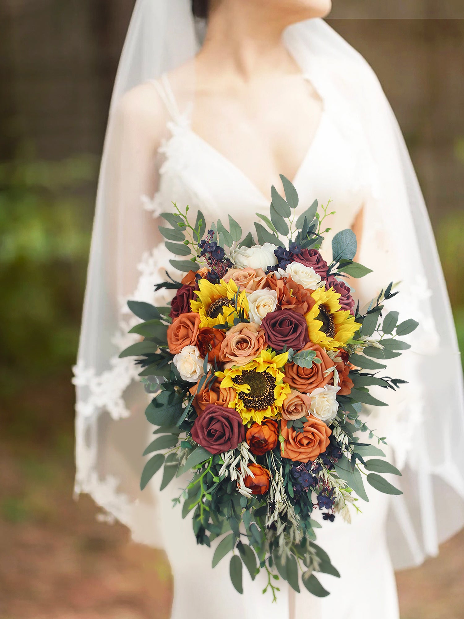 Bouquet de mariée en cascade en terre cuite de tournesols de 13 pouces de large