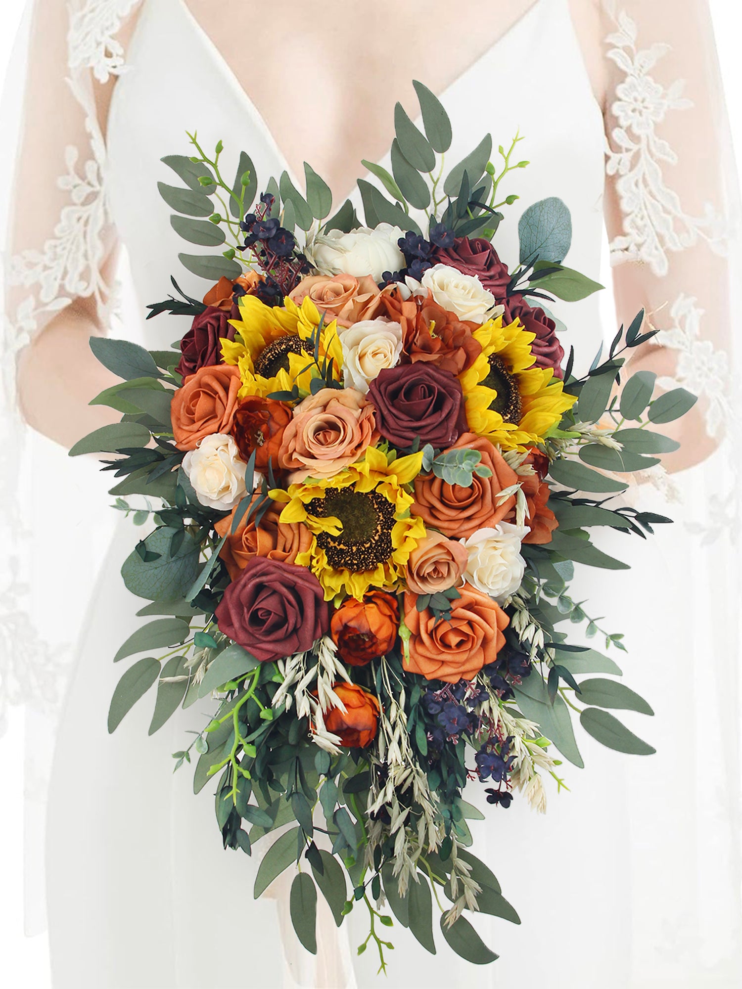 Bouquet da sposa a cascata in terracotta con girasoli larghi 13 pollici