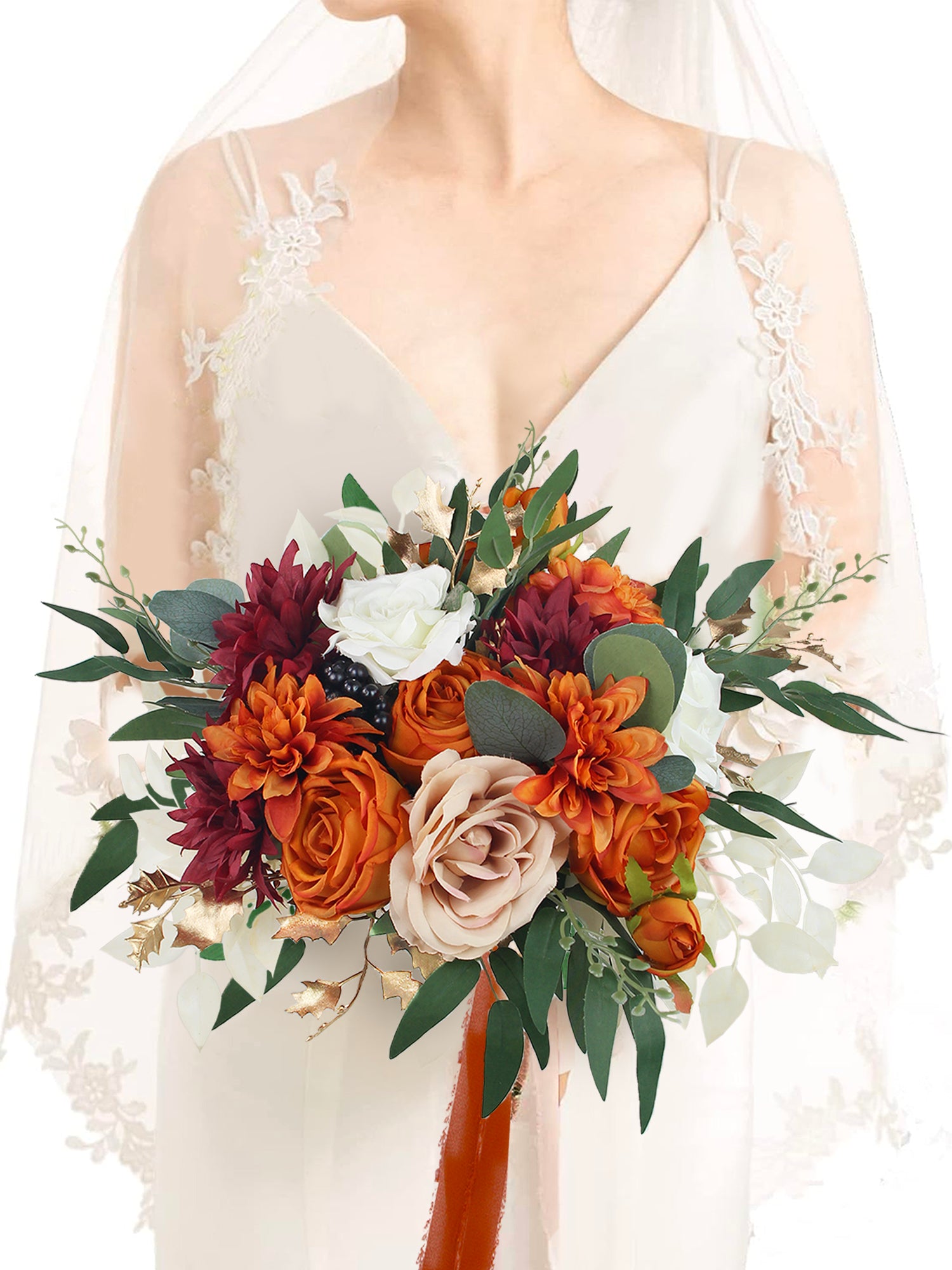 Bouquet de mariée orange brûlé de 12,5 pouces de large