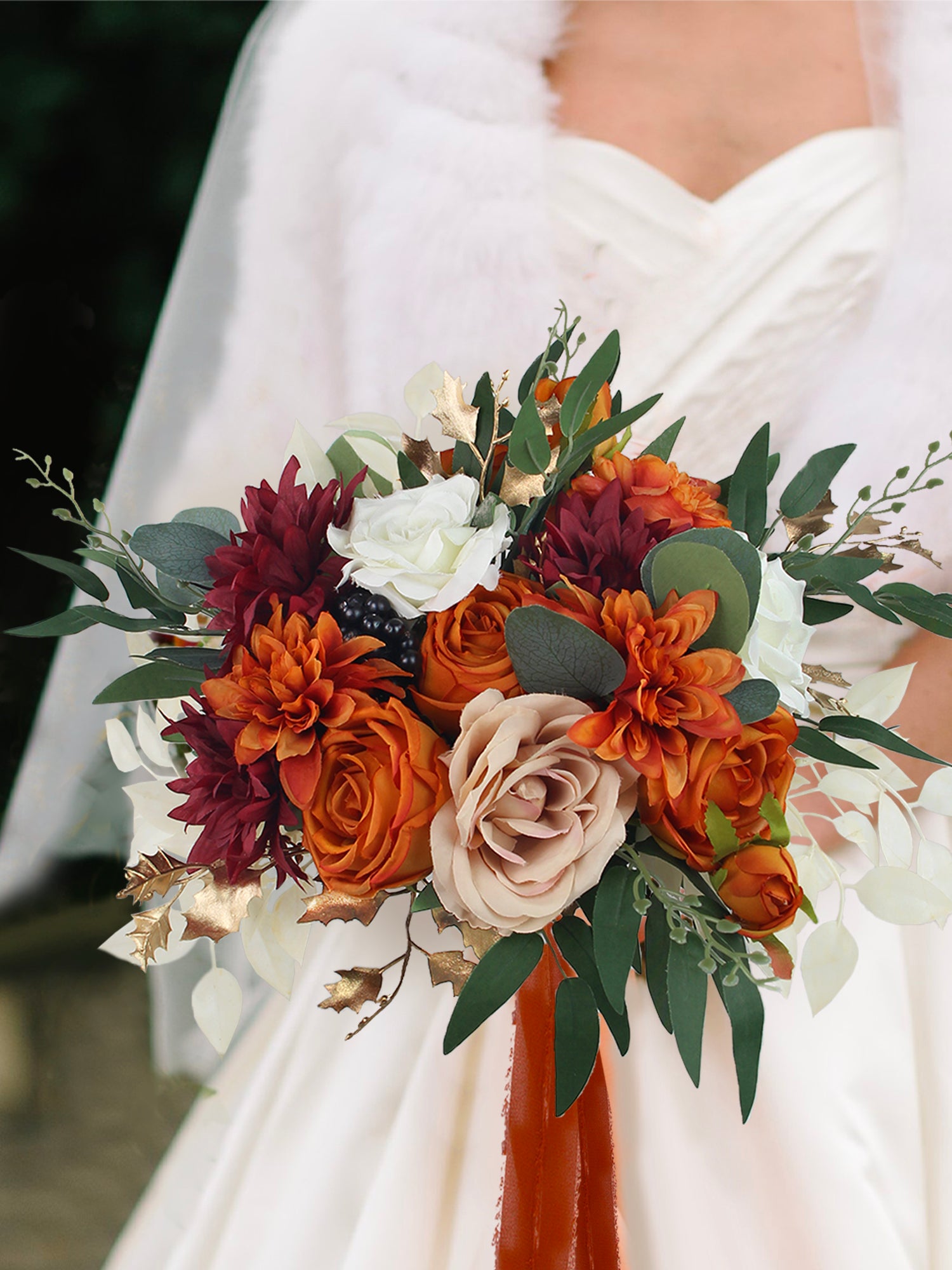 Ramo de novia naranja quemado de 12,5 pulgadas de ancho