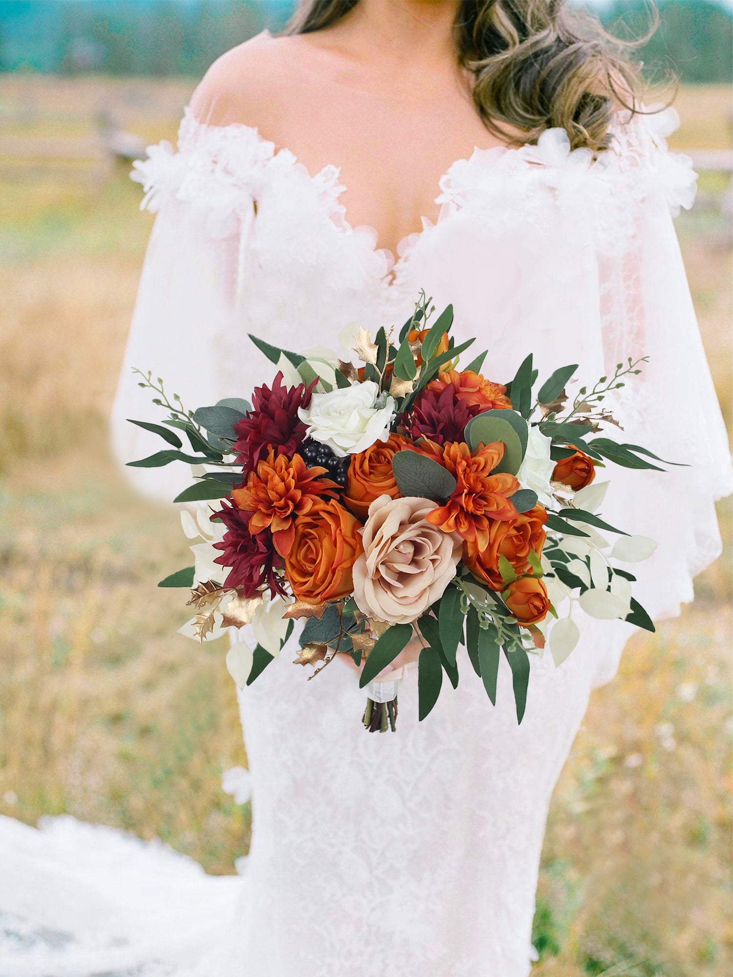 Bouquet de mariée orange brûlé de 12,5 pouces de large