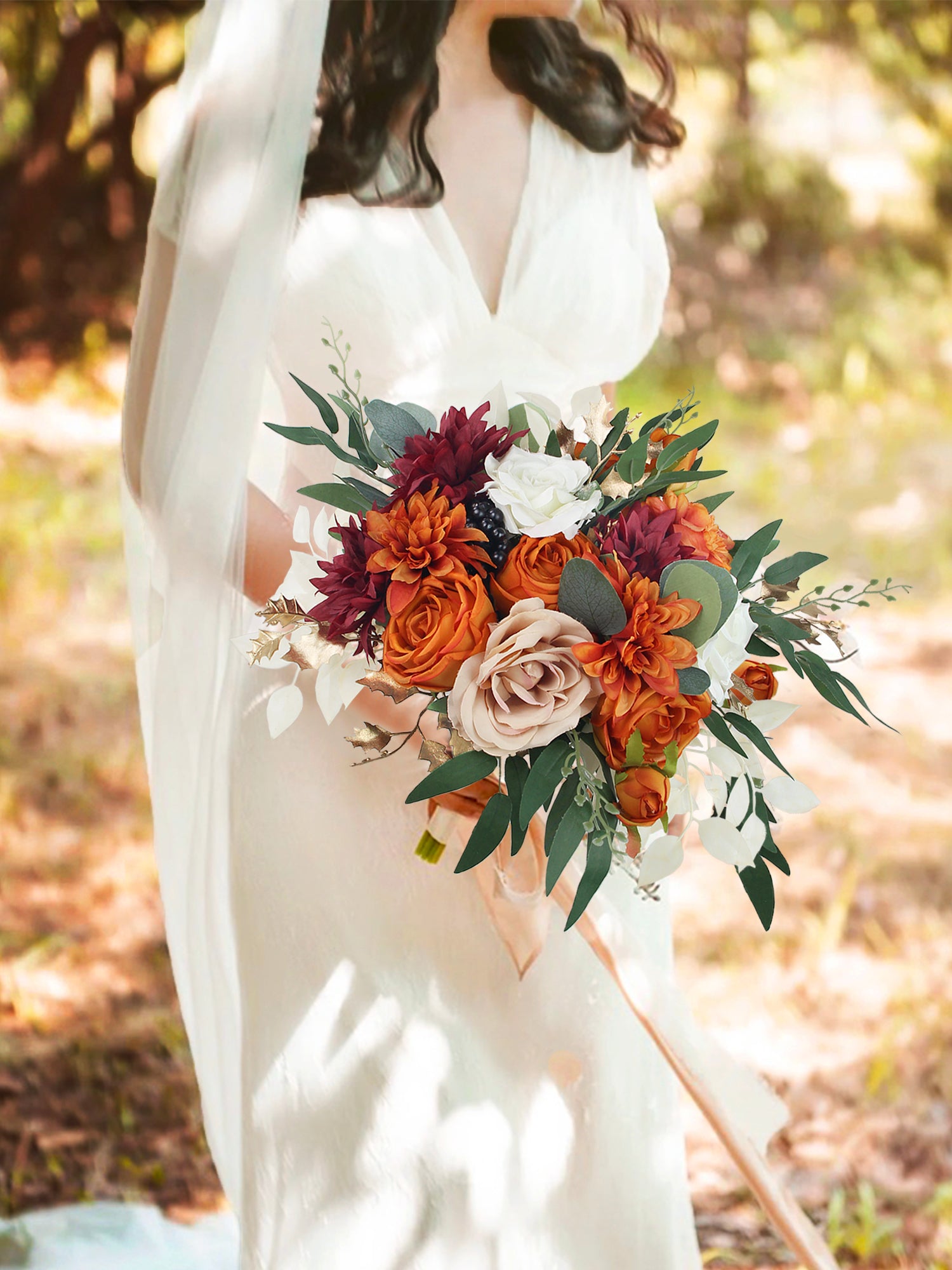 Bouquet de mariée orange brûlé de 12,5 pouces de large