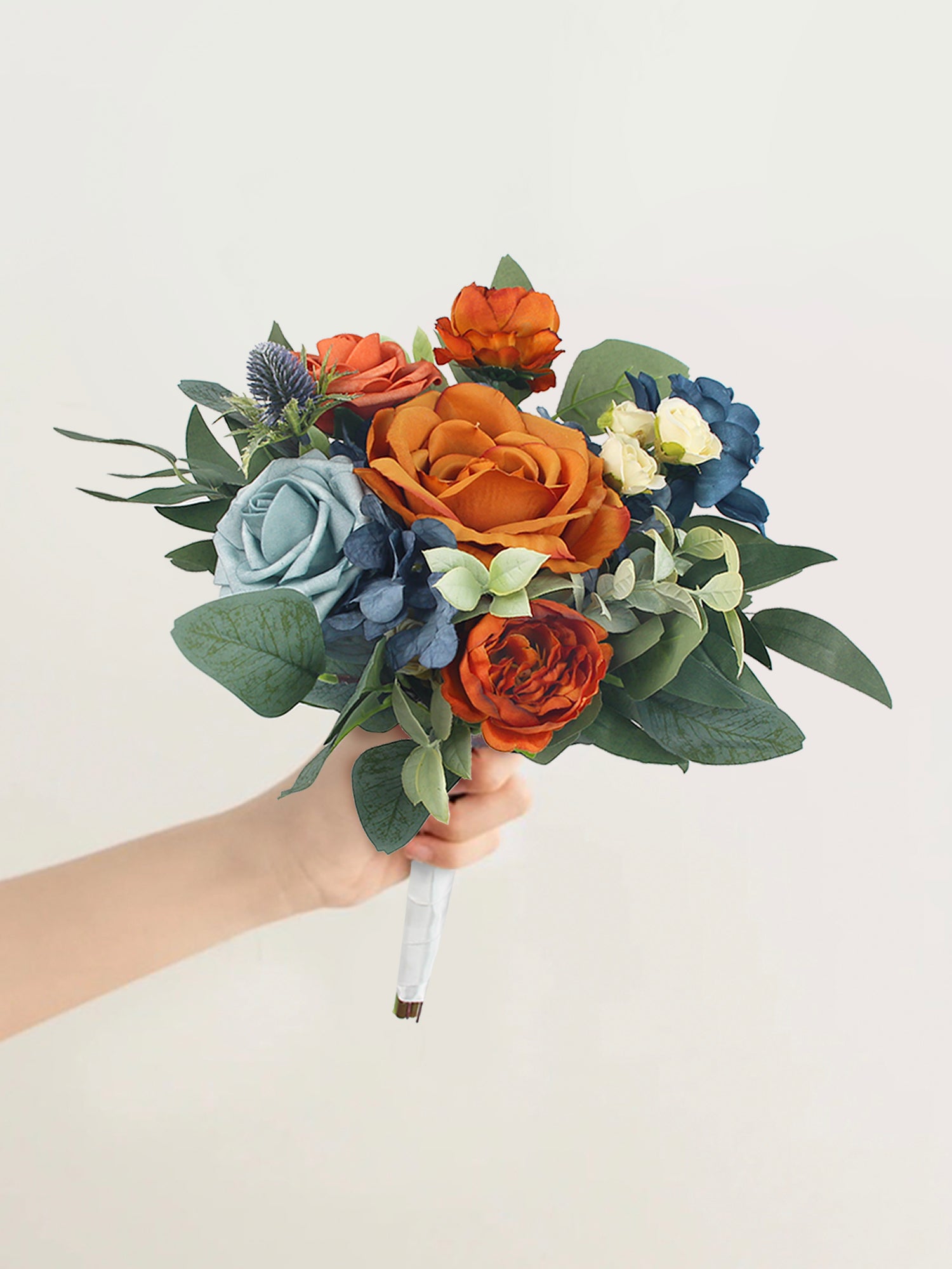 9.4 inch wide Navy Blue & Burnt Orange Bridesmaid Bouquet