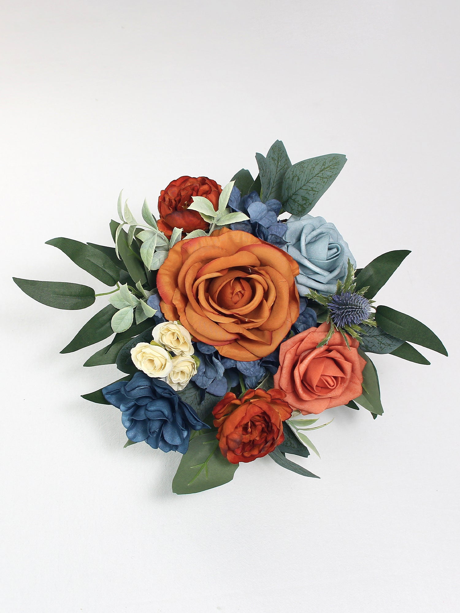 9.4 inch wide Navy Blue & Burnt Orange Bridesmaid Bouquet