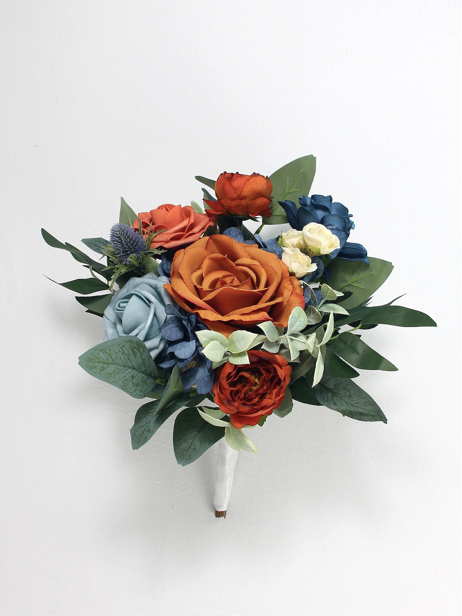 9.4 inch wide Navy Blue & Burnt Orange Bridesmaid Bouquet