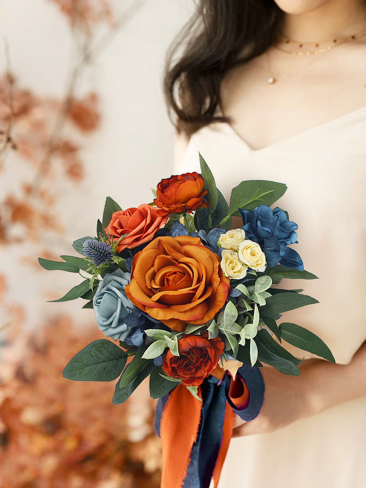 9.4 inch wide Navy Blue & Burnt Orange Bridesmaid Bouquet