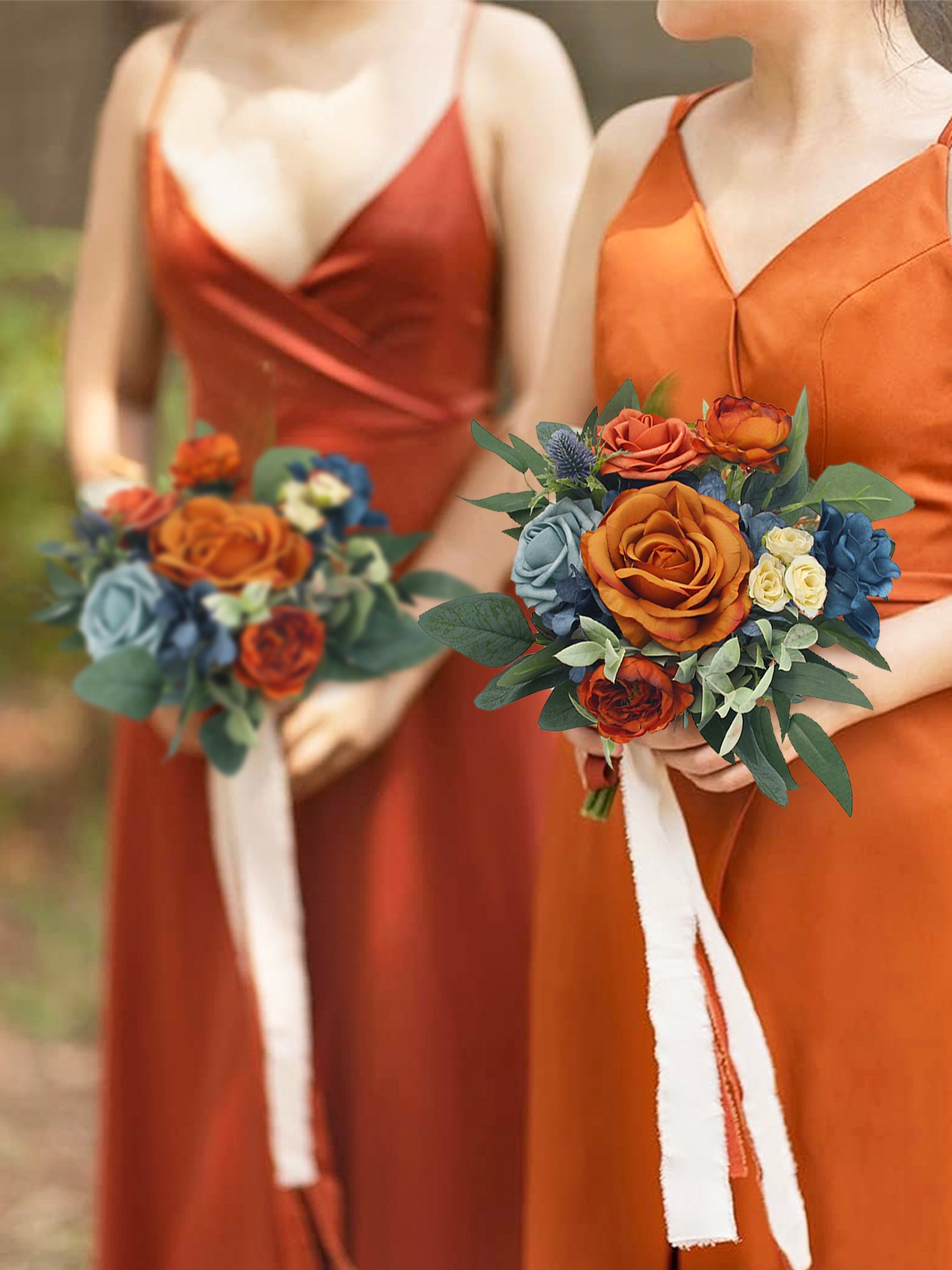 9.4 inch wide Navy Blue & Burnt Orange Bridesmaid Bouquet