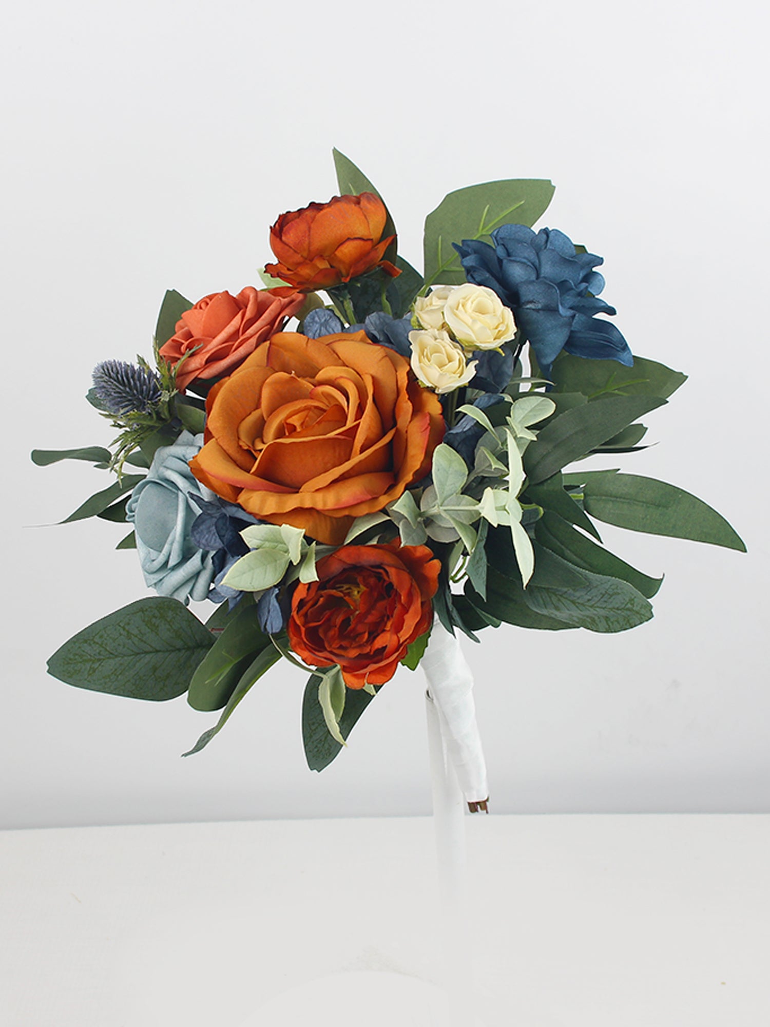 9.4 inch wide Navy Blue & Burnt Orange Bridesmaid Bouquet