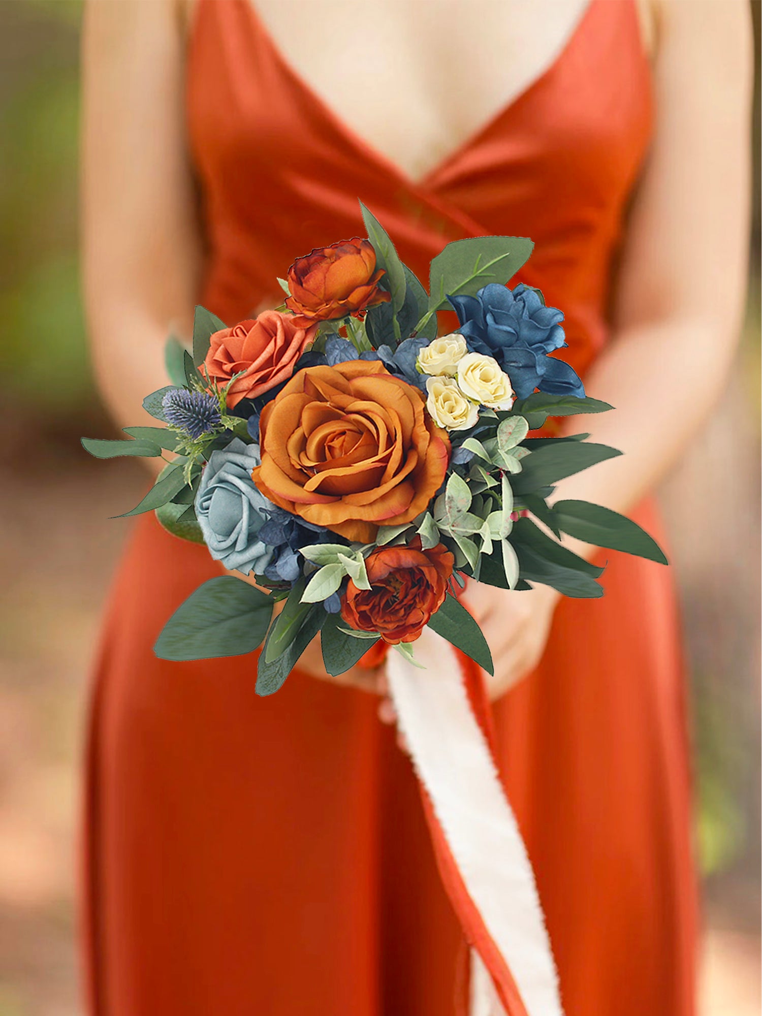 9.4 inch wide Navy Blue & Burnt Orange Bridesmaid Bouquet