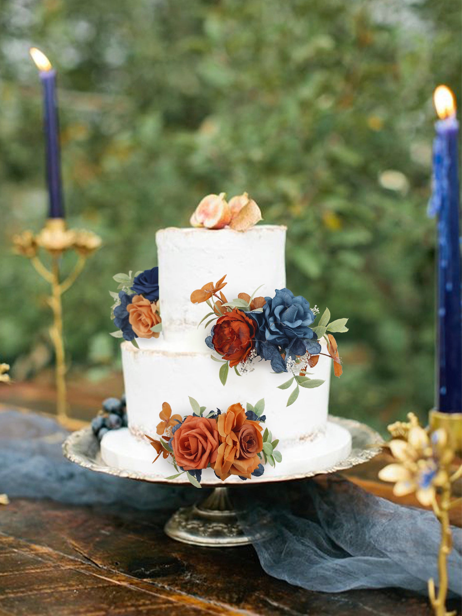 3Pcs Navy Blue & Terracotta Cake Flowers