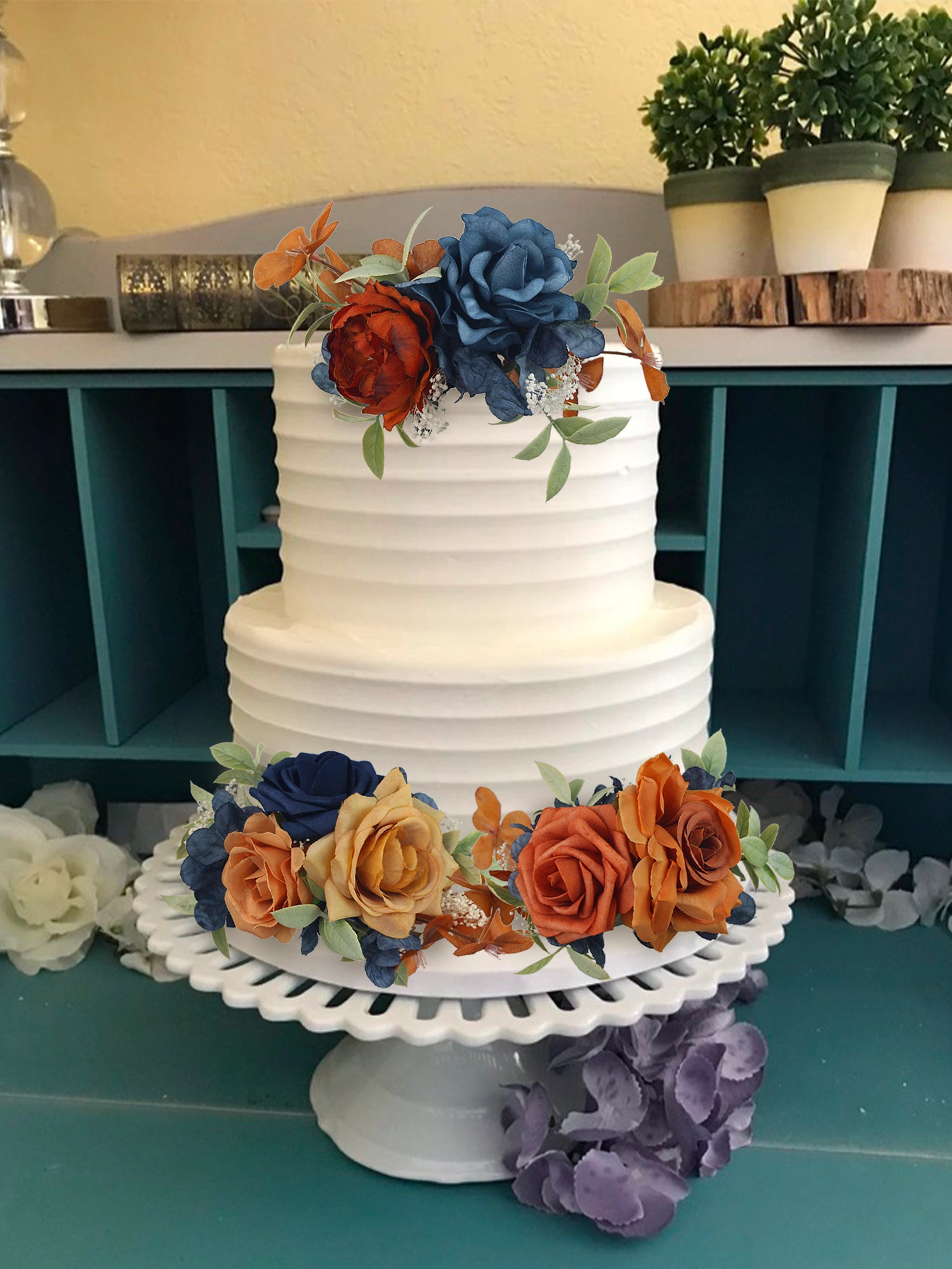 3Pcs Navy Blue & Terracotta Cake Flowers