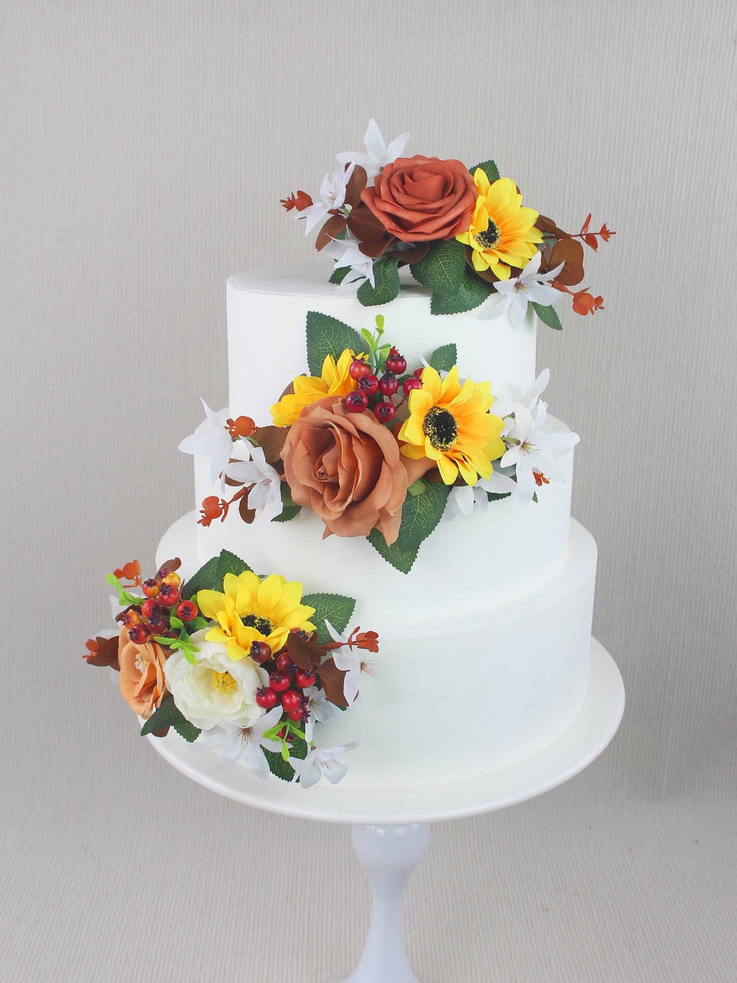 3-teiliges Kuchenblumen-Set mit Sonnenblumen und Beeren in gebrannter Orange