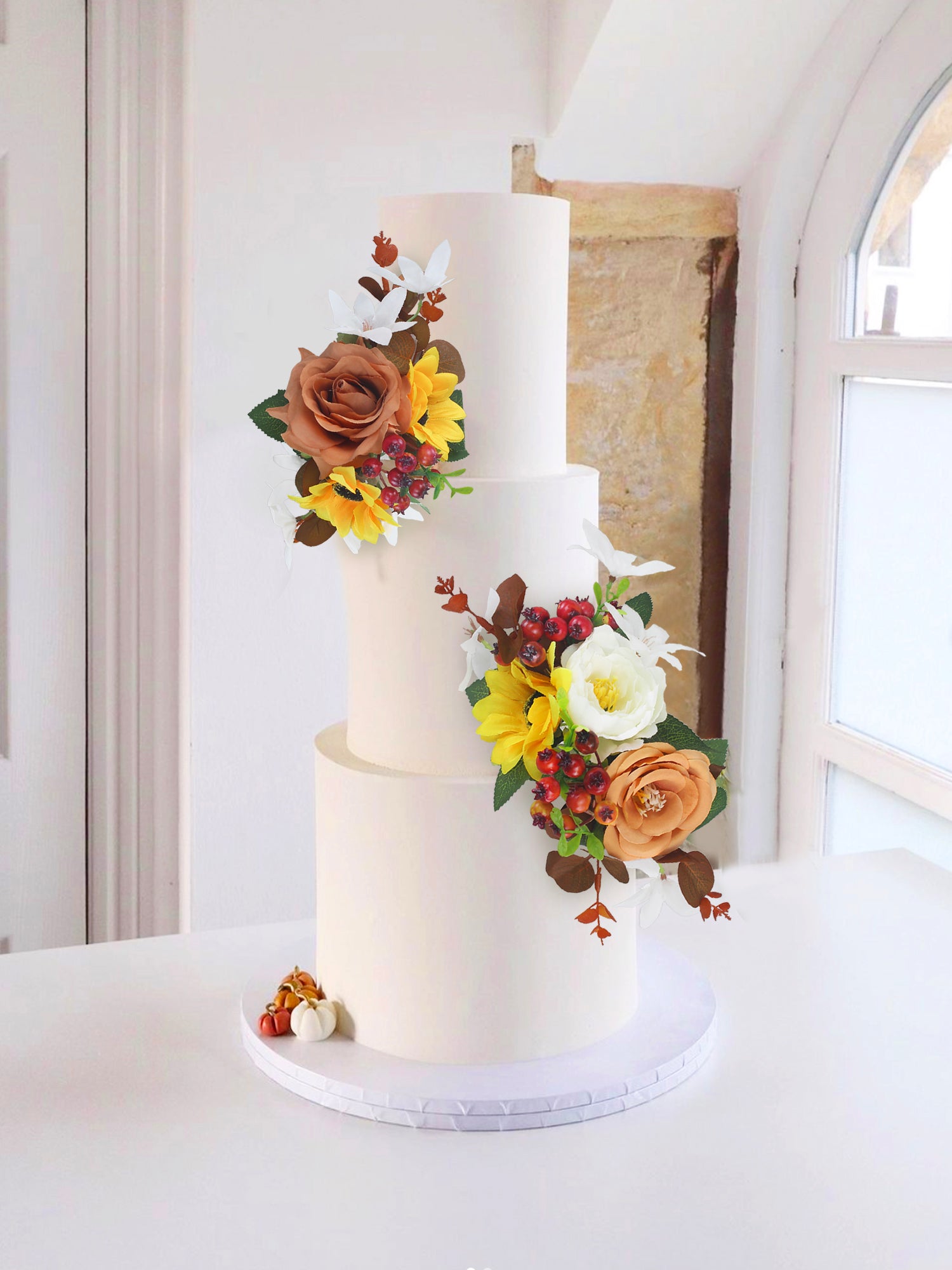 Juego de 3 flores para pastel de color naranja quemado, girasoles y bayas