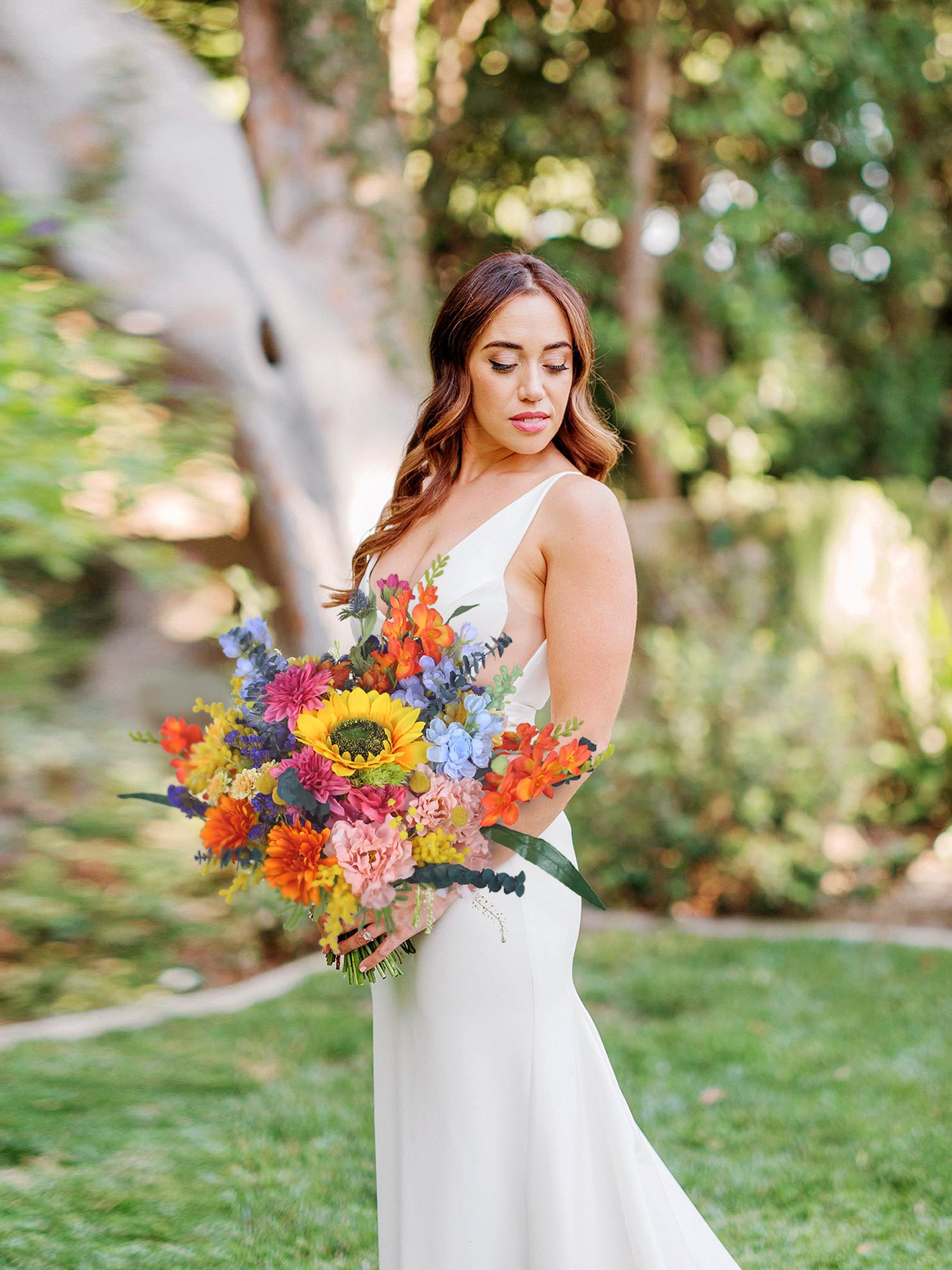 Ramo de novia de girasoles y flores silvestres de 22 pulgadas de ancho