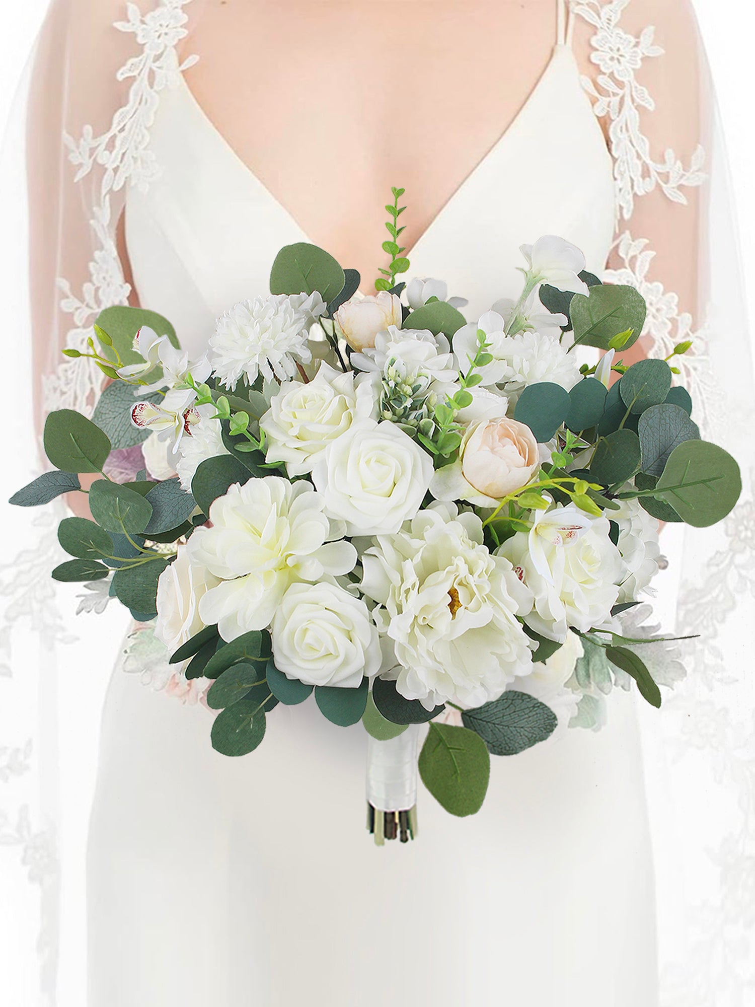 16.5 inch wide Sage Green & White Bridal Bouquet