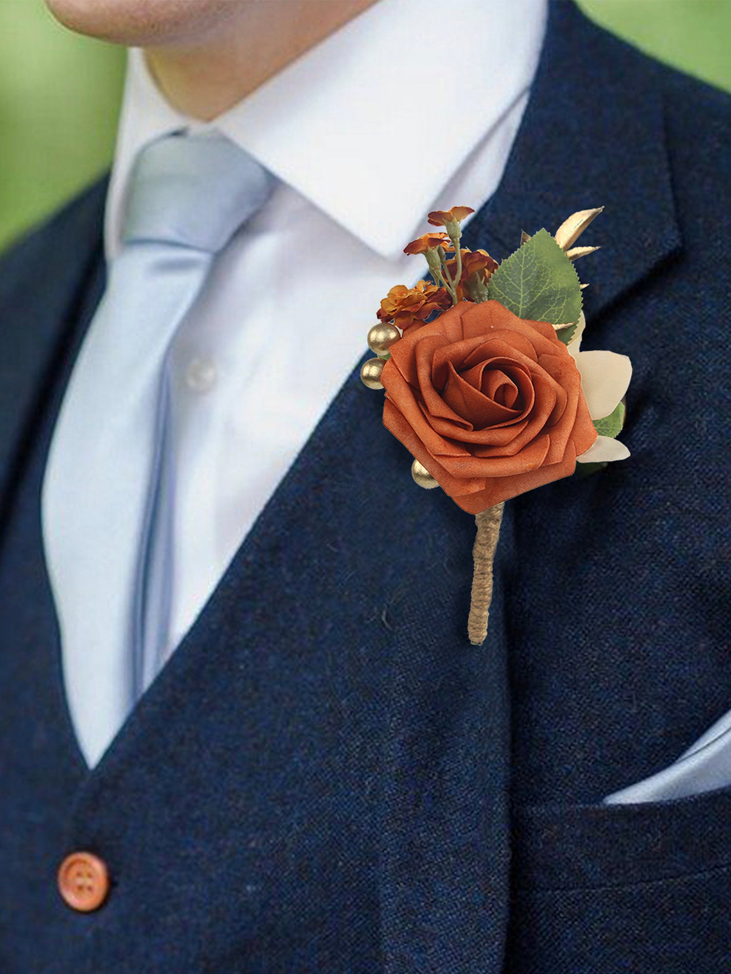 Conjunto de ramillete y boutonniere naranja quemado