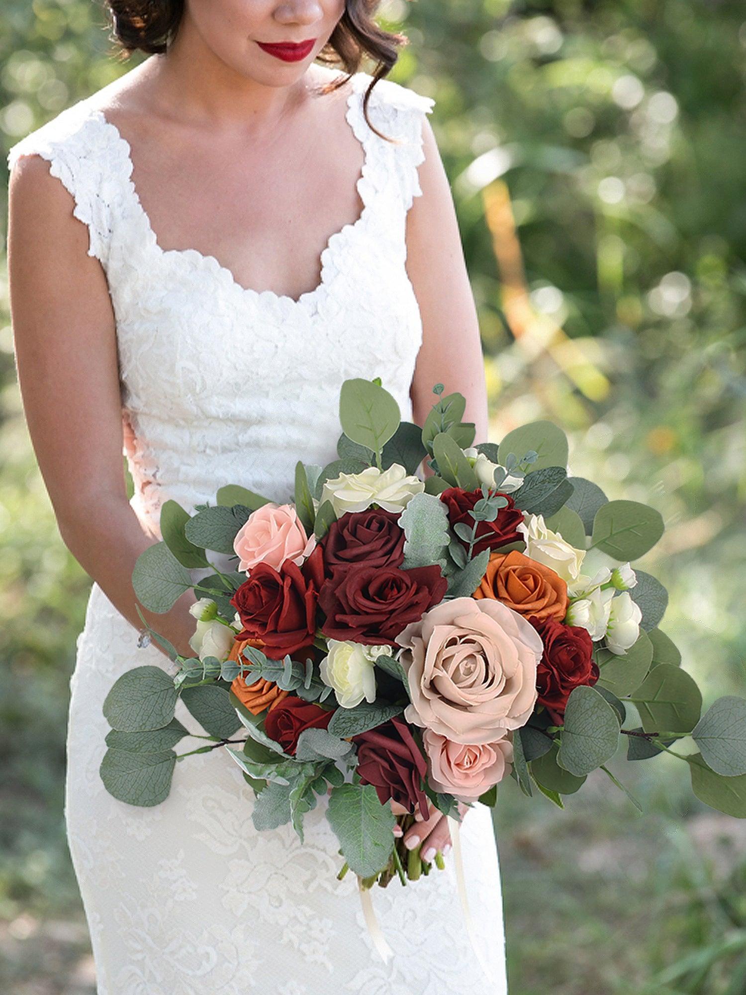 13.7 inch wide Burgundy & Burnt Orange Bridal Bouquet - Rinlong Flower