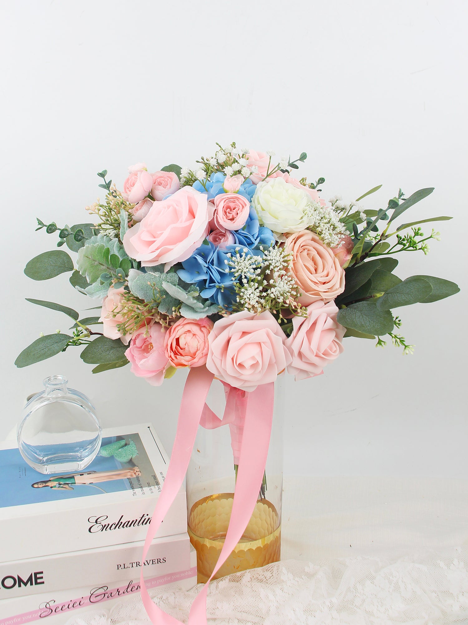11.8 inch wide Blush & Baby Blue Bridal Bouquet