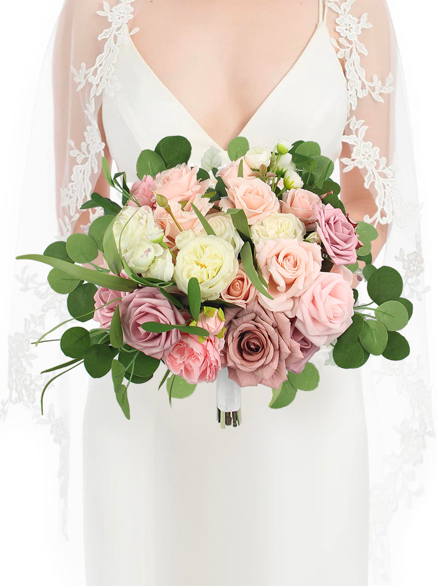 12.5 inch wide Pink & Dusty Rose Bridal Bouquet