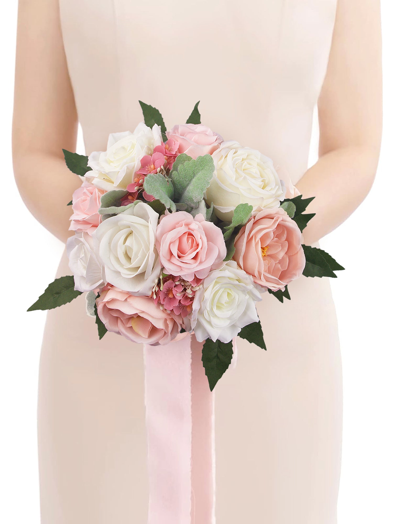 Bouquet de demoiselle d'honneur blanc et rose blush de 9,4 pouces de large