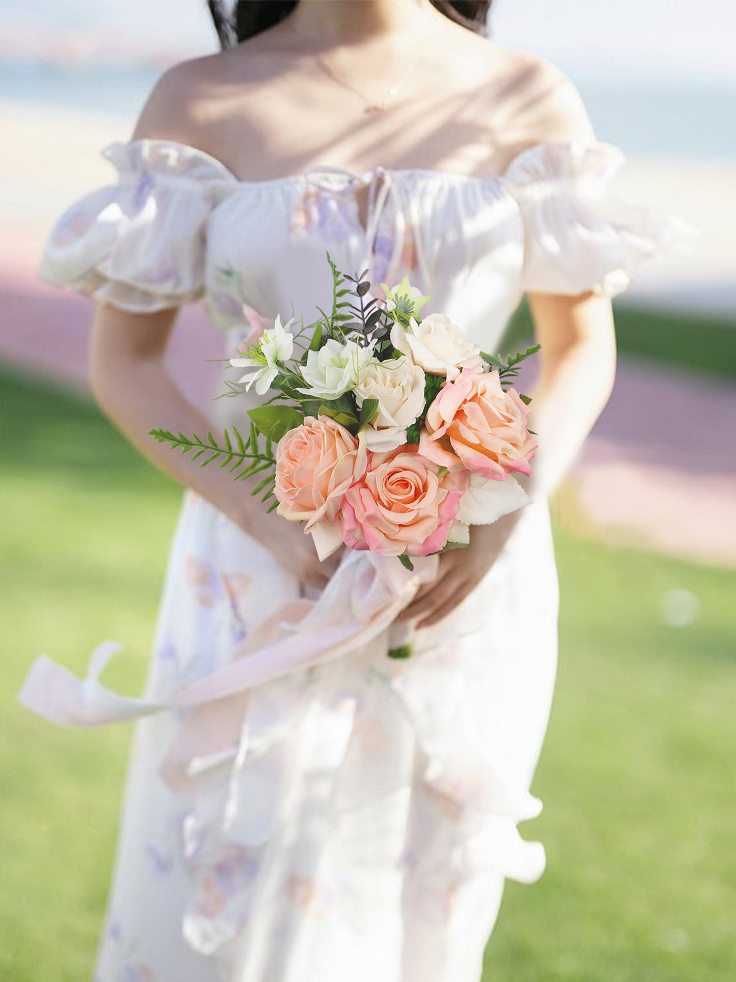 7.8 inch wide Champagne Pink Rose Bridesmaid Bouquet