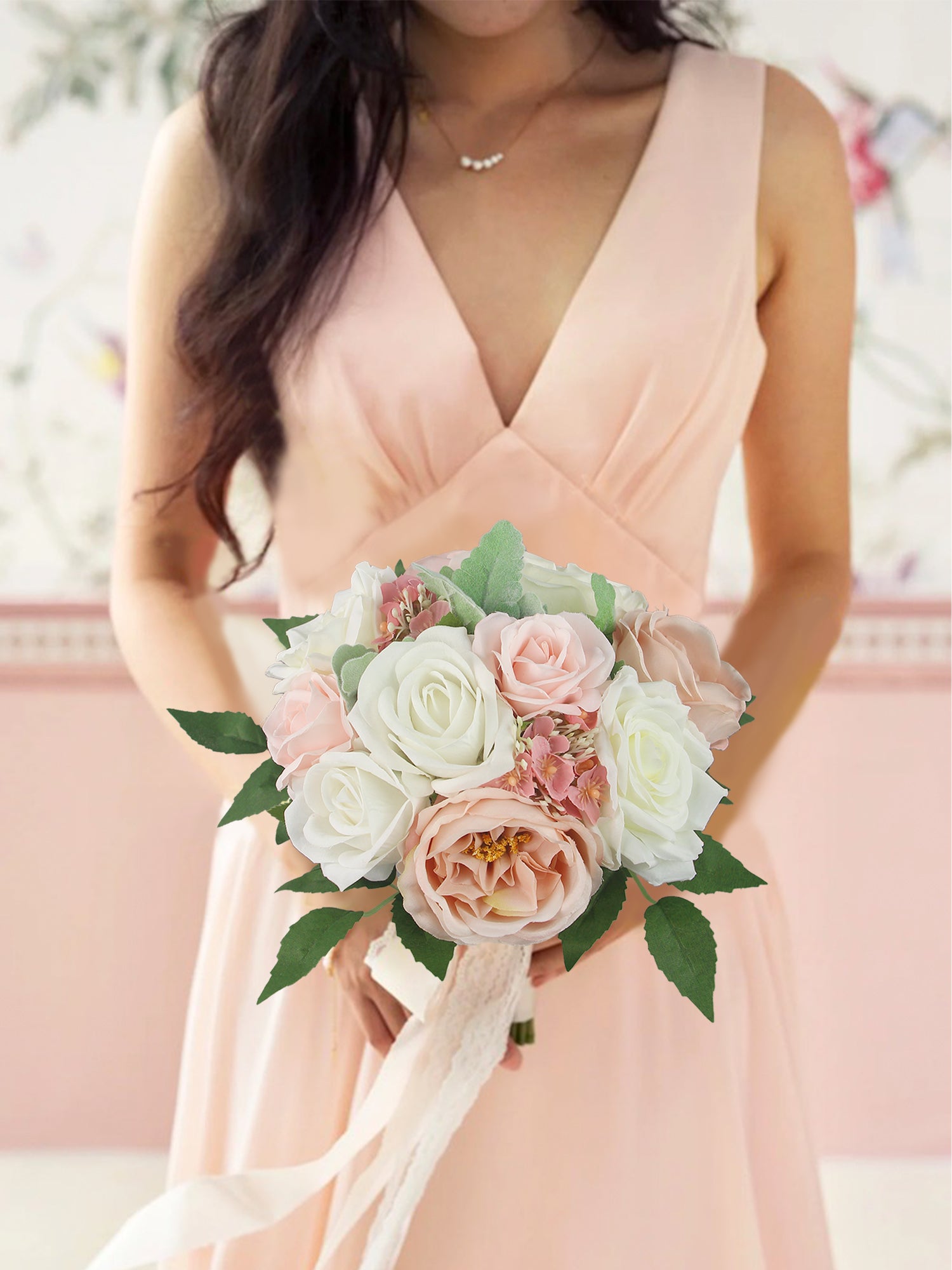 9.4 inch wide White & Blush Pink Bridesmaid Bouquet