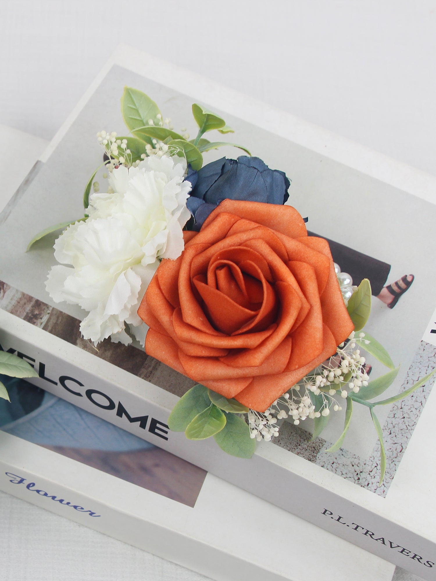 Navy Blue & Burnt Orange Wrist Corsage