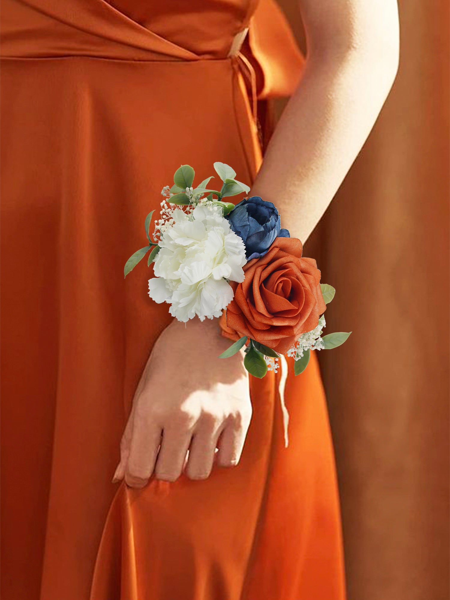 Navy Blue & Burnt Orange Wrist Corsage