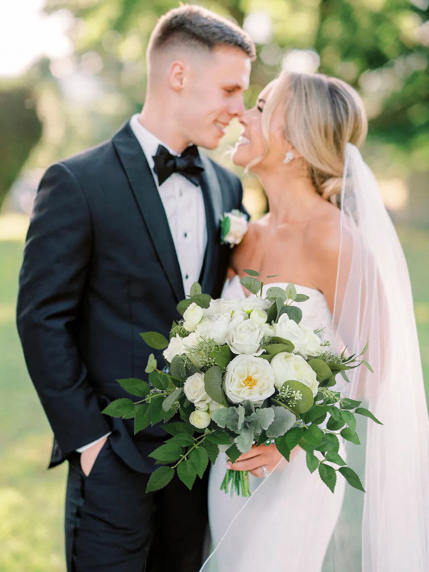 13 inch wide Sage Green & White Bridal Bouquet