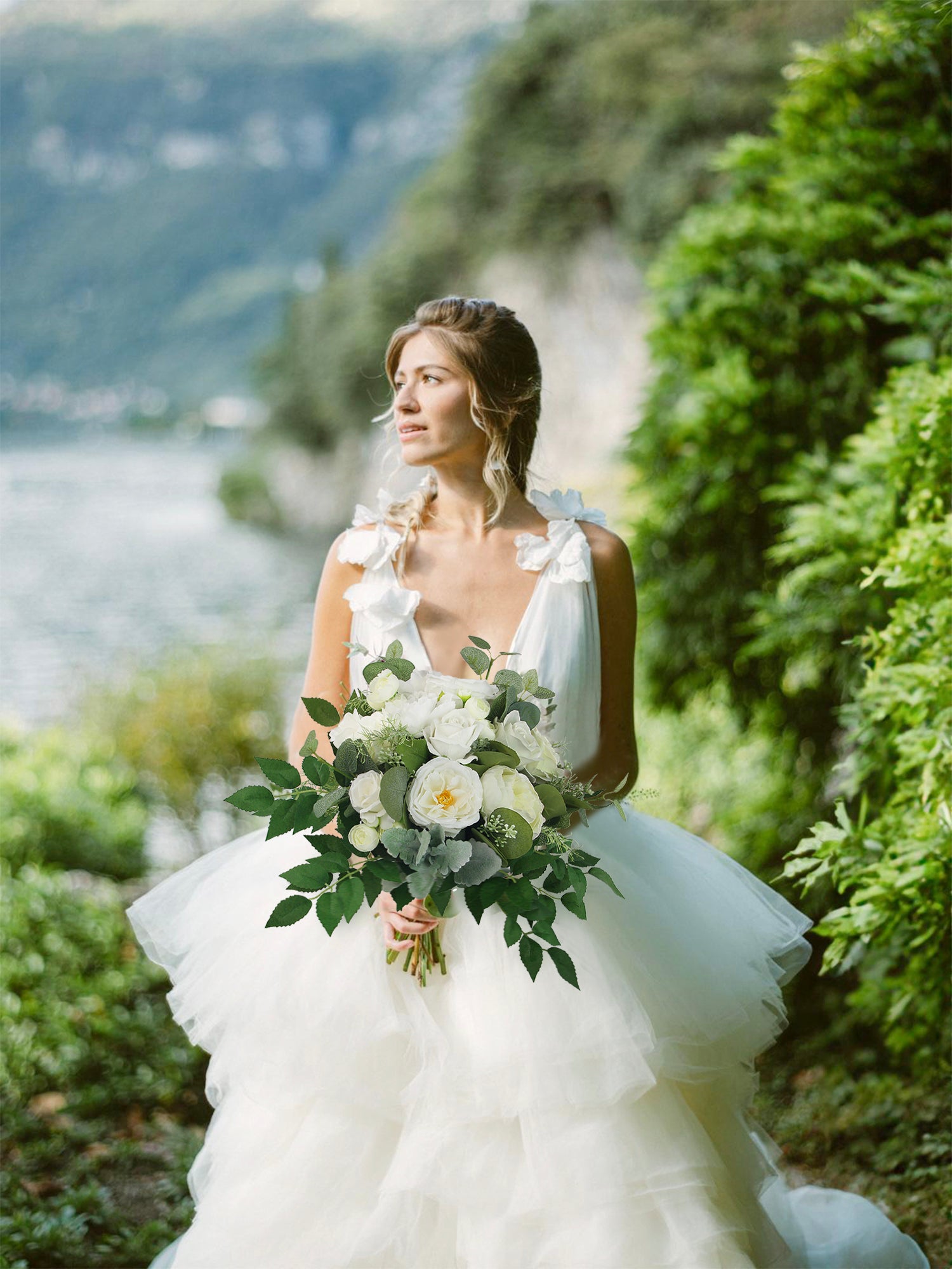 13 inch wide Sage Green & White Bridal Bouquet