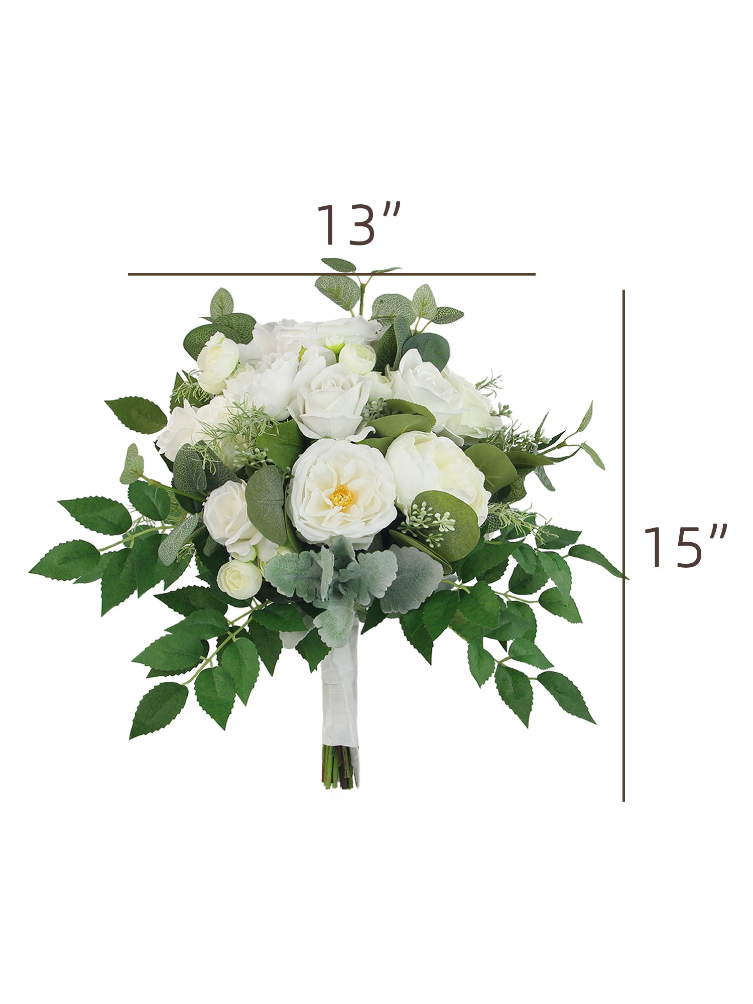 13 inch wide Sage Green & White Bridal Bouquet