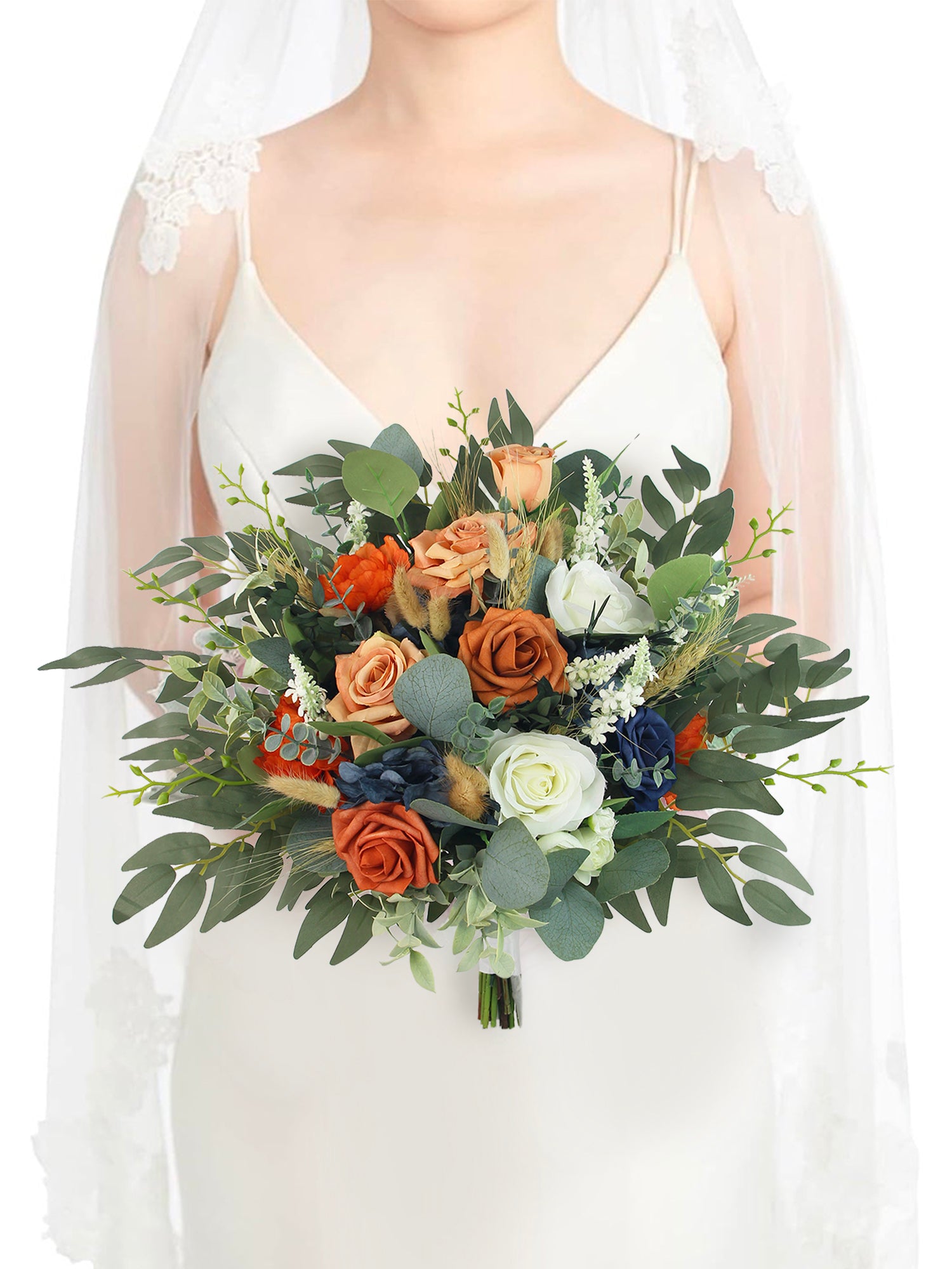 14 inch wide Navy Blue & Burnt Orange Bridal Bouquet