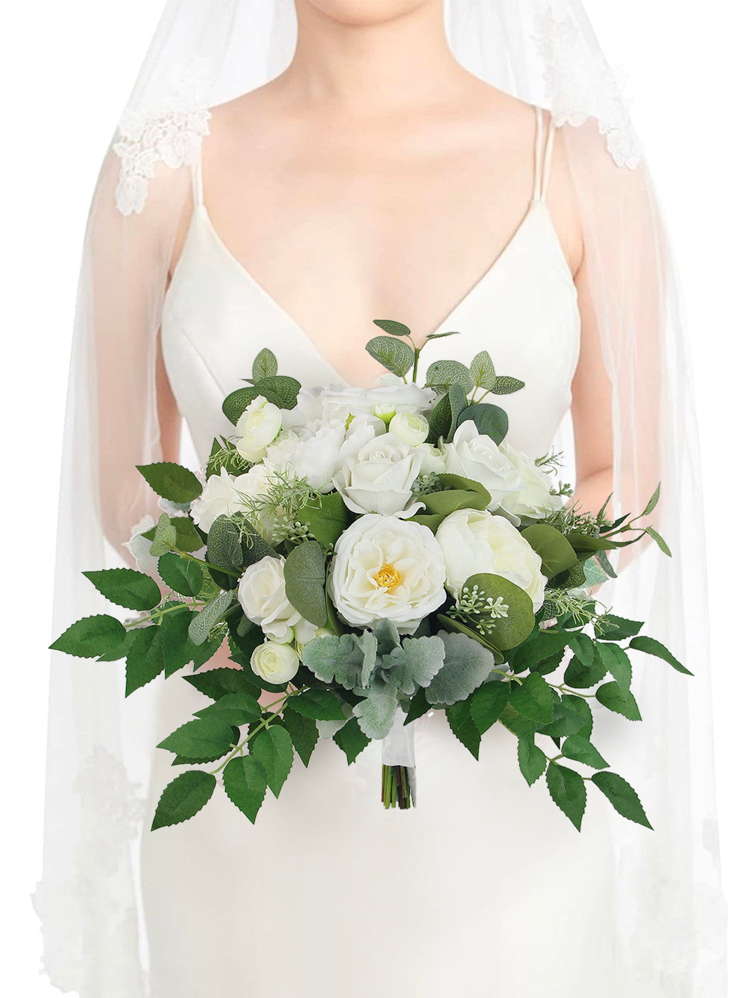 13 inch wide Sage Green & White Bridal Bouquet