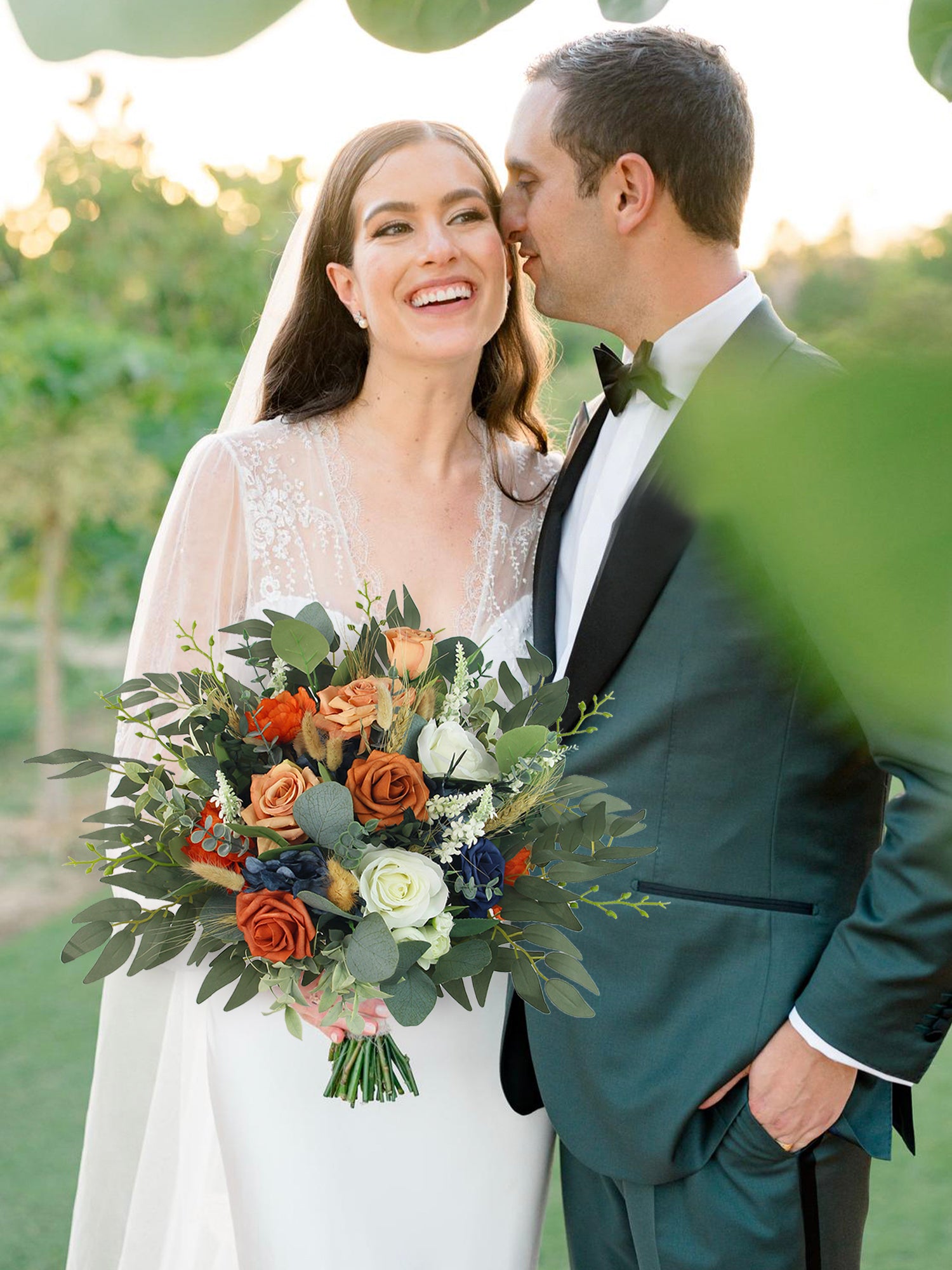 14 inch wide Navy Blue & Burnt Orange Bridal Bouquet