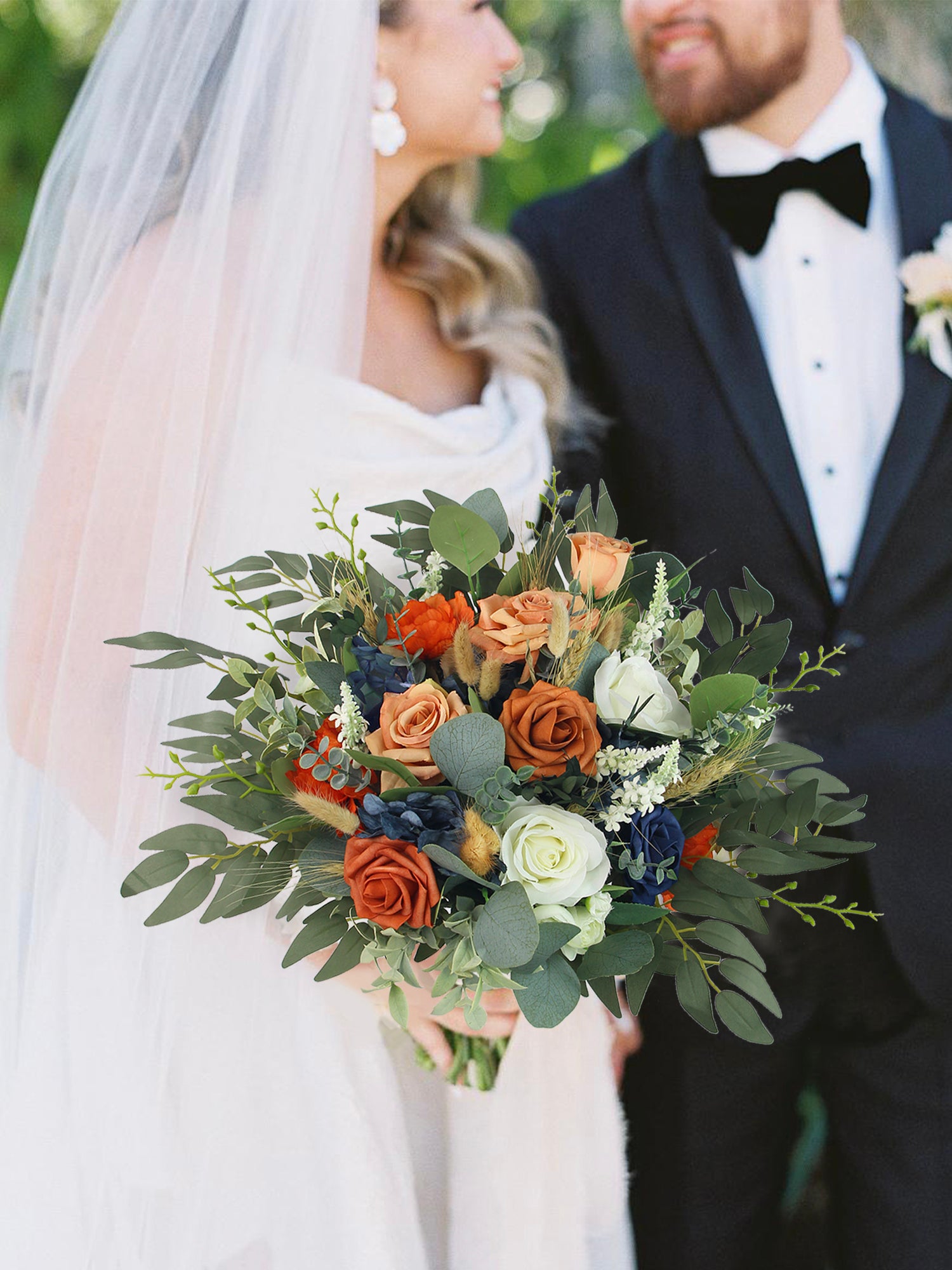 14 inch wide Navy Blue & Burnt Orange Bridal Bouquet