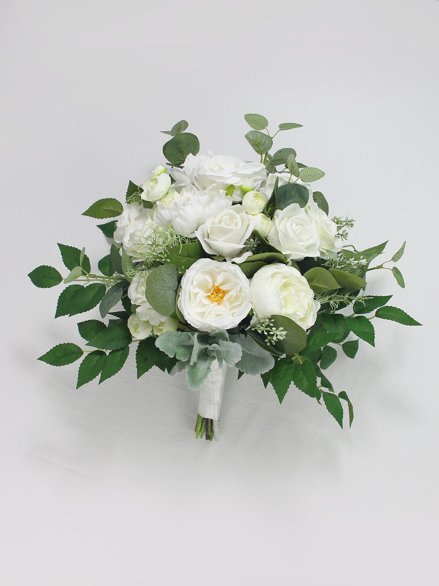 13 inch wide Sage Green & White Bridal Bouquet